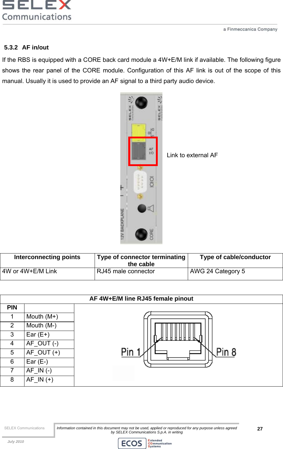  SELEX Communications  Information contained in this document may not be used, applied or reproduced for any purpose unless agreed by SELEX Communications S.p.A. in writing 27    July 2010    5.3.2 AF in/out If the RBS is equipped with a CORE back card module a 4W+E/M link if available. The following figure shows the rear panel of the CORE module. Configuration of this AF link is out of the scope of this manual. Usually it is used to provide an AF signal to a third party audio device.  Interconnecting points  Type of connector terminatingthe cable  Type of cable/conductor 4W or 4W+E/M Link  RJ45 male connector  AWG 24 Category 5   AF 4W+E/M line RJ45 female pinout PIN  1 Mouth (M+) 2 Mouth (M-) 3 Ear (E+) 4 AF_OUT (-) 5 AF_OUT (+) 6 Ear (E-) 7 AF_IN (-) 8 AF_IN (+)    Link to external AF 