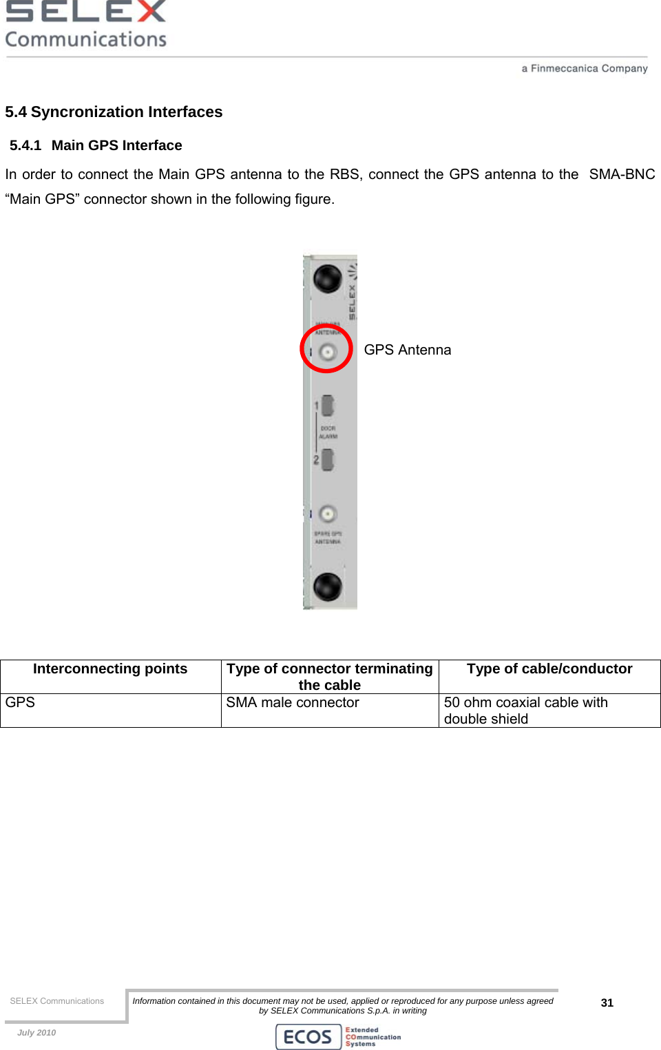  SELEX Communications  Information contained in this document may not be used, applied or reproduced for any purpose unless agreed by SELEX Communications S.p.A. in writing 31    July 2010    5.4 Syncronization Interfaces 5.4.1  Main GPS Interface In order to connect the Main GPS antenna to the RBS, connect the GPS antenna to the  SMA-BNC “Main GPS” connector shown in the following figure.     Interconnecting points  Type of connector terminatingthe cable  Type of cable/conductor GPS  SMA male connector  50 ohm coaxial cable with double shield  GPS Antenna 