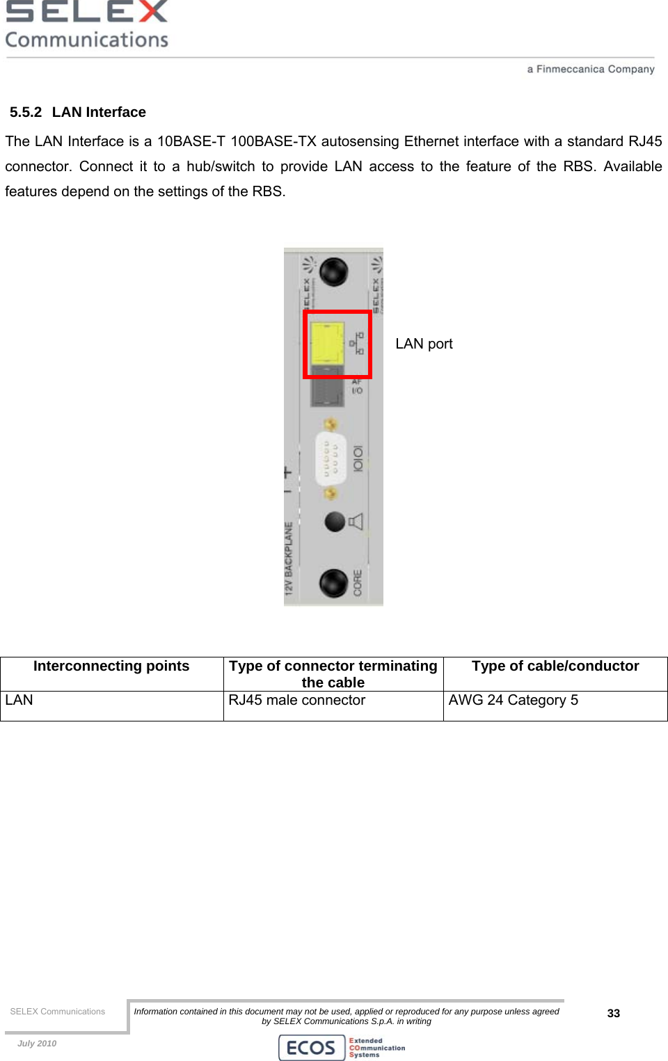  SELEX Communications  Information contained in this document may not be used, applied or reproduced for any purpose unless agreed by SELEX Communications S.p.A. in writing 33    July 2010    5.5.2 LAN Interface The LAN Interface is a 10BASE-T 100BASE-TX autosensing Ethernet interface with a standard RJ45 connector. Connect it to a hub/switch to provide LAN access to the feature of the RBS. Available features depend on the settings of the RBS.     Interconnecting points  Type of connector terminatingthe cable  Type of cable/conductor LAN  RJ45 male connector  AWG 24 Category 5   LAN port 