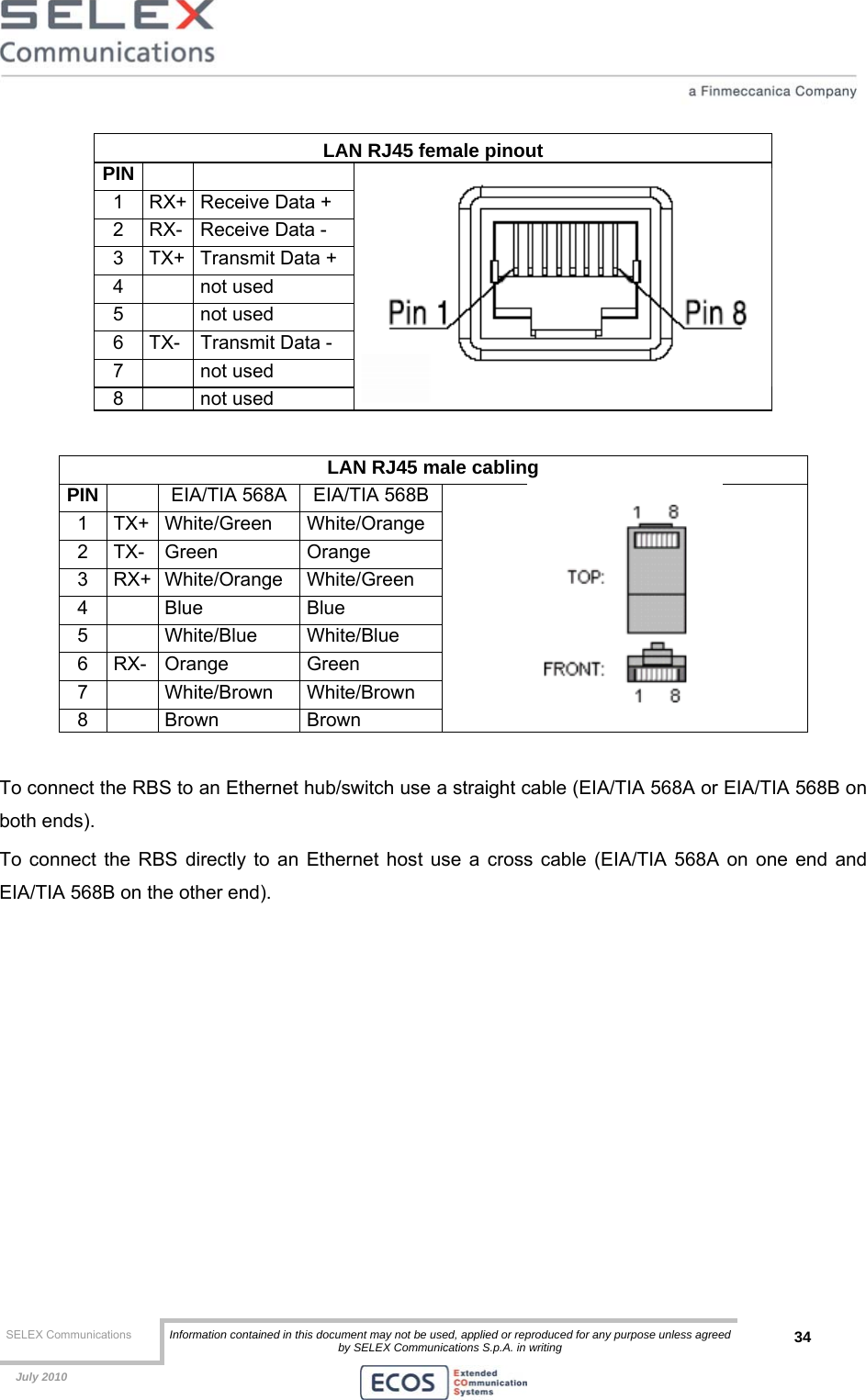  SELEX Communications  Information contained in this document may not be used, applied or reproduced for any purpose unless agreed by SELEX Communications S.p.A. in writing 34    July 2010    LAN RJ45 female pinout PIN    1  RX+ Receive Data + 2  RX-  Receive Data - 3  TX+ Transmit Data + 4   not used 5   not used 6  TX-  Transmit Data - 7   not used 8   not used  LAN RJ45 male cabling PIN   EIA/TIA 568A EIA/TIA 568B 1 TX+ White/Green  White/Orange 2 TX- Green  Orange 3 RX+ White/Orange White/Green 4   Blue  Blue 5   White/Blue  White/Blue 6 RX- Orange  Green 7   White/Brown  White/Brown 8   Brown  Brown    To connect the RBS to an Ethernet hub/switch use a straight cable (EIA/TIA 568A or EIA/TIA 568B on both ends). To connect the RBS directly to an Ethernet host use a cross cable (EIA/TIA 568A on one end and EIA/TIA 568B on the other end). 