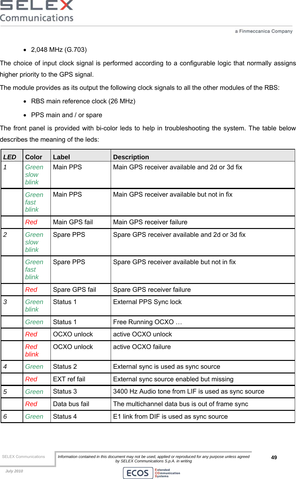  SELEX Communications  Information contained in this document may not be used, applied or reproduced for any purpose unless agreed by SELEX Communications S.p.A. in writing 49    July 2010    •  2,048 MHz (G.703) The choice of input clock signal is performed according to a configurable logic that normally assigns higher priority to the GPS signal. The module provides as its output the following clock signals to all the other modules of the RBS: •  RBS main reference clock (26 MHz) •  PPS main and / or spare The front panel is provided with bi-color leds to help in troubleshooting the system. The table below describes the meaning of the leds: LED  Color  Label  Description 1  Green slow blink Main PPS  Main GPS receiver available and 2d or 3d fix  Green fast blink Main PPS  Main GPS receiver available but not in fix  Red  Main GPS fail  Main GPS receiver failure 2  Green slow blink Spare PPS  Spare GPS receiver available and 2d or 3d fix  Green fast blink Spare PPS  Spare GPS receiver available but not in fix  Red  Spare GPS fail  Spare GPS receiver failure 3  Green blink Status 1  External PPS Sync lock  Green Status 1  Free Running OCXO …  Red  OCXO unlock  active OCXO unlock  Red blink  OCXO unlock  active OCXO failure 4  Green Status 2  External sync is used as sync source  Red  EXT ref fail  External sync source enabled but missing 5  Green Status 3  3400 Hz Audio tone from LIF is used as sync source  Red  Data bus fail  The multichannel data bus is out of frame sync 6  Green Status 4  E1 link from DIF is used as sync source 