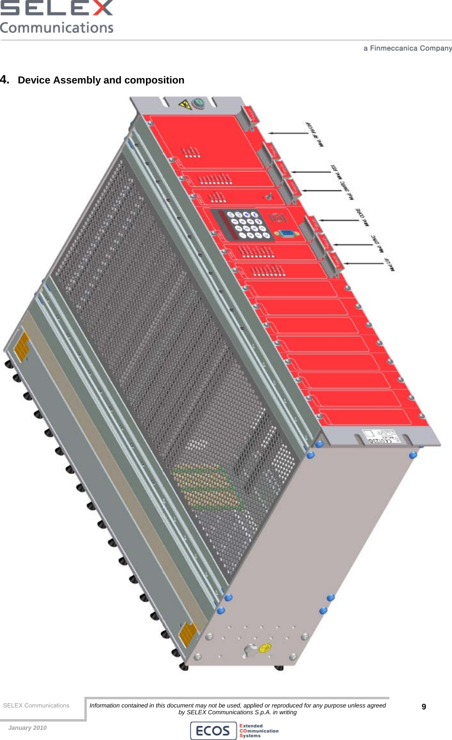  SELEX Communications  Information contained in this document may not be used, applied or reproduced for any purpose unless agreed by SELEX Communications S.p.A. in writing 9    January 2010    4.  Device Assembly and composition  