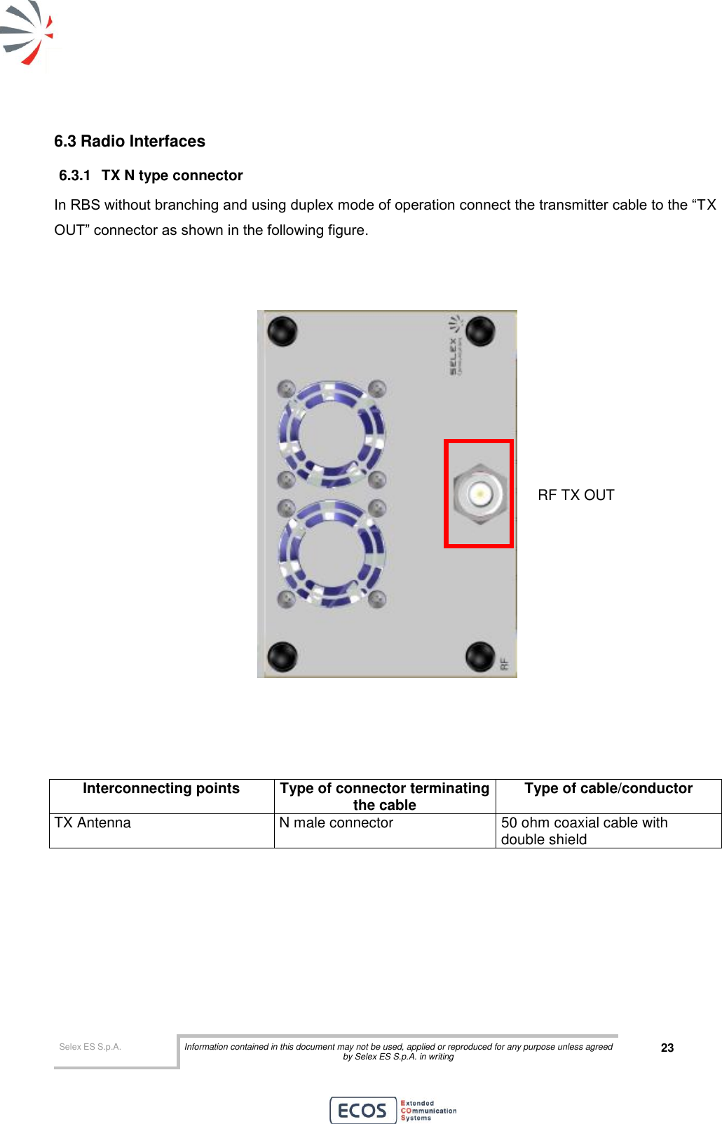  Selex ES S.p.A. Information contained in this document may not be used, applied or reproduced for any purpose unless agreed by Selex ES S.p.A. in writing 23       6.3 Radio Interfaces 6.3.1  TX N type connector In RBS without branching and using duplex mode of operation connect the transmitter cable to the “TX OUT” connector as shown in the following figure.                    Interconnecting points Type of connector terminating the cable Type of cable/conductor TX Antenna N male connector 50 ohm coaxial cable with double shield  RF TX OUT 