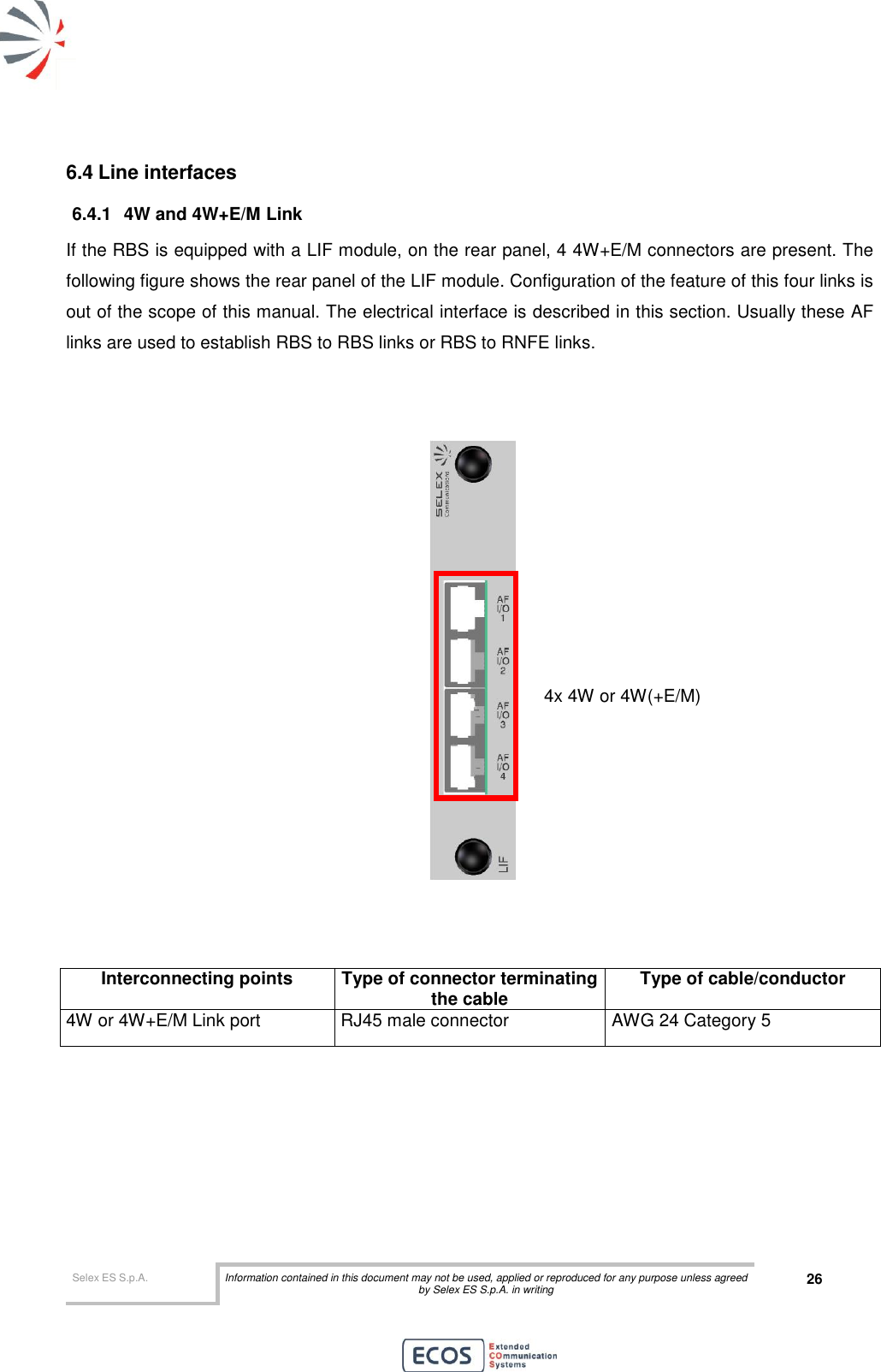  Selex ES S.p.A. Information contained in this document may not be used, applied or reproduced for any purpose unless agreed by Selex ES S.p.A. in writing 26       6.4 Line interfaces 6.4.1  4W and 4W+E/M Link If the RBS is equipped with a LIF module, on the rear panel, 4 4W+E/M connectors are present. The following figure shows the rear panel of the LIF module. Configuration of the feature of this four links is out of the scope of this manual. The electrical interface is described in this section. Usually these AF links are used to establish RBS to RBS links or RBS to RNFE links.         Interconnecting points Type of connector terminating the cable Type of cable/conductor 4W or 4W+E/M Link port RJ45 male connector AWG 24 Category 5    4x 4W or 4W(+E/M) Link  