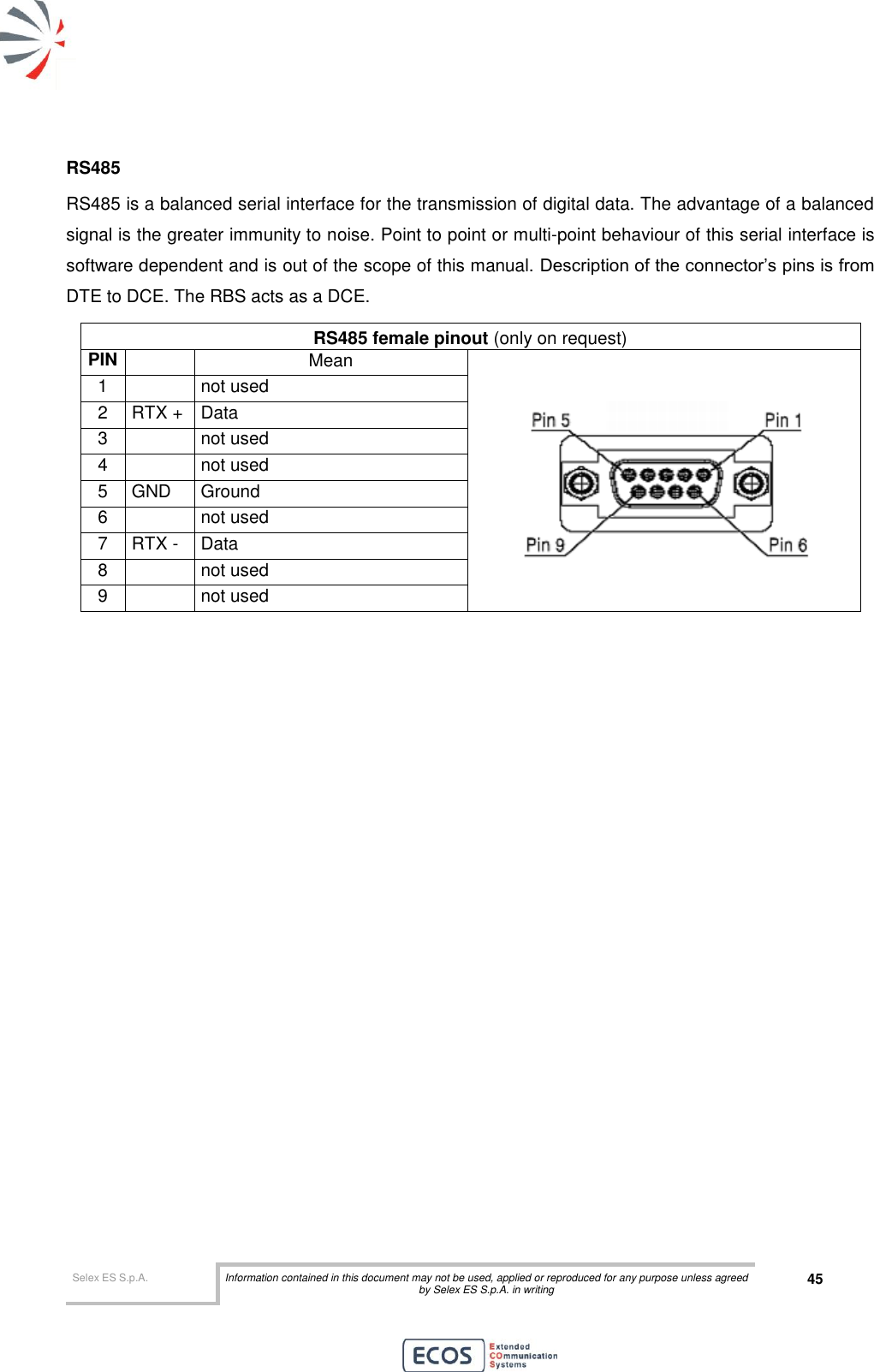  Selex ES S.p.A. Information contained in this document may not be used, applied or reproduced for any purpose unless agreed by Selex ES S.p.A. in writing 45       RS485 RS485 is a balanced serial interface for the transmission of digital data. The advantage of a balanced signal is the greater immunity to noise. Point to point or multi-point behaviour of this serial interface is software dependent and is out of the scope of this manual. Description of the connector’s pins is from DTE to DCE. The RBS acts as a DCE. RS485 female pinout (only on request) PIN  Mean  1  not used 2 RTX + Data 3  not used 4  not used 5 GND Ground 6  not used 7 RTX - Data 8  not used 9  not used  