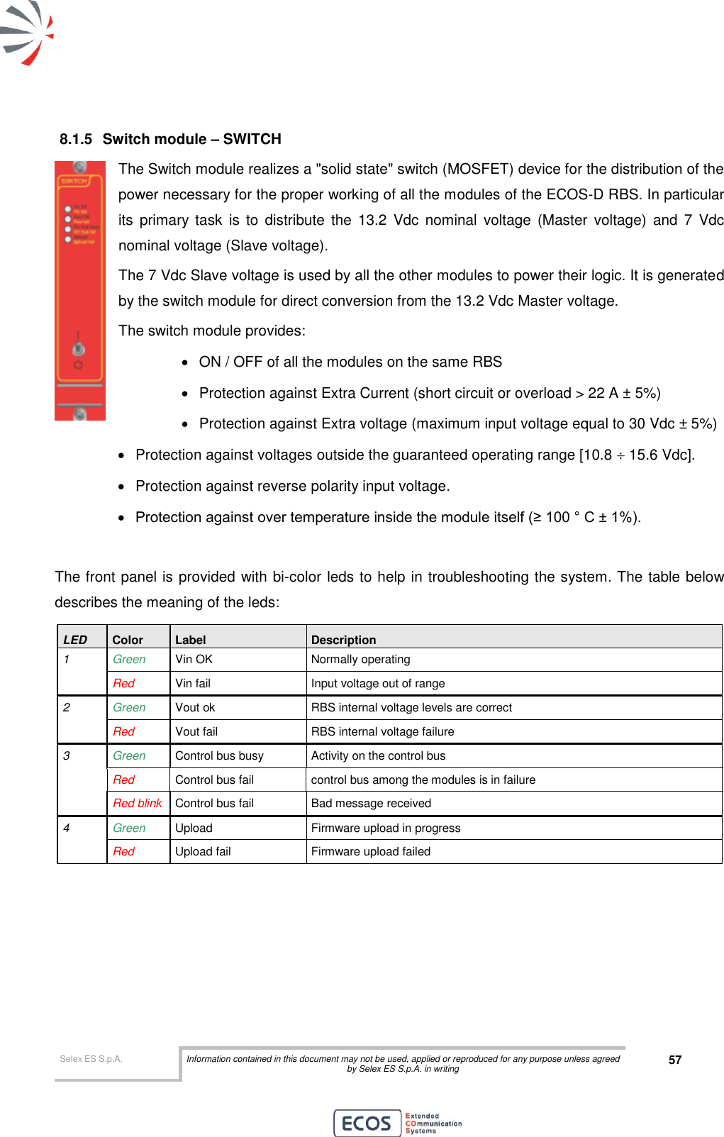  Selex ES S.p.A. Information contained in this document may not be used, applied or reproduced for any purpose unless agreed by Selex ES S.p.A. in writing 57       8.1.5  Switch module – SWITCH The Switch module realizes a &quot;solid state&quot; switch (MOSFET) device for the distribution of the power necessary for the proper working of all the modules of the ECOS-D RBS. In particular its  primary task  is  to  distribute  the  13.2  Vdc  nominal  voltage  (Master  voltage)  and  7  Vdc nominal voltage (Slave voltage). The 7 Vdc Slave voltage is used by all the other modules to power their logic. It is generated by the switch module for direct conversion from the 13.2 Vdc Master voltage. The switch module provides:   ON / OFF of all the modules on the same RBS   Protection against Extra Current (short circuit or overload &gt; 22 A ± 5%)   Protection against Extra voltage (maximum input voltage equal to 30 Vdc ± 5%)   Protection against voltages outside the guaranteed operating range [10.8  15.6 Vdc].   Protection against reverse polarity input voltage.  Protection against over temperature inside the module itself (≥ 100 ° C ± 1%).  The front panel is provided with bi-color leds to help in troubleshooting the system. The table below describes the meaning of the leds: LED Color Label Description 1 Green  Vin OK Normally operating Red Vin fail Input voltage out of range 2 Green  Vout ok RBS internal voltage levels are correct Red Vout fail RBS internal voltage failure 3 Green Control bus busy Activity on the control bus Red Control bus fail control bus among the modules is in failure Red blink Control bus fail Bad message received 4 Green Upload Firmware upload in progress Red Upload fail Firmware upload failed     