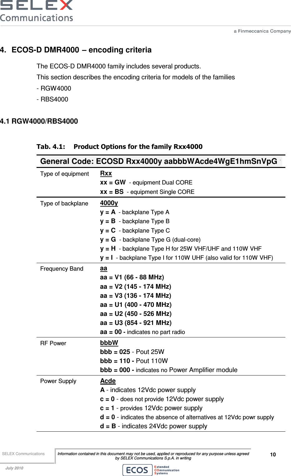  SELEX Communications  Information contained in this document may not be used, applied or reproduced for any purpose unless agreed by SELEX Communications S.p.A. in writing 10    July 2010    4.  ECOS-D DMR4000 – encoding criteria The ECOS-D DMR4000 family includes several products. This section describes the encoding criteria for models of the families   - RGW4000  - RBS4000  4.1 RGW4000/RBS4000 Tab. 4.1:  Product Options for the family Rxx4000 General Code: ECOSD Rxx4000y aabbbWAcde4WgE1hmSnVpGr Type of equipment  Rxx xx = GW  - equipment Dual CORE xx = BS  - equipment Single CORE Type of backplane  4000y y = A  - backplane Type A y = B  - backplane Type B y = C  - backplane Type C y = G  - backplane Type G (dual-core)   y = H  - backplane Type H for 25W VHF/UHF and 110W VHF  y = I  - backplane Type I for 110W UHF (also valid for 110W VHF) Frequency Band  aa aa = V1 (66 - 88 MHz)  aa = V2 (145 - 174 MHz)  aa = V3 (136 - 174 MHz)  aa = U1 (400 - 470 MHz)   aa = U2 (450 - 526 MHz)   aa = U3 (854 - 921 MHz)   aa = 00 - indicates no part radio RF Power  bbbW bbb = 025 - Pout 25W bbb = 110 - Pout 110W bbb = 000 - indicates no Power Amplifier module Power Supply  Acde A - indicates 12Vdc power supply c = 0 - does not provide 12Vdc power supply c = 1 - provides 12Vdc power supply d = 0 - indicates the absence of alternatives at 12Vdc powr supply  d = B - indicates 24Vdc power supply 