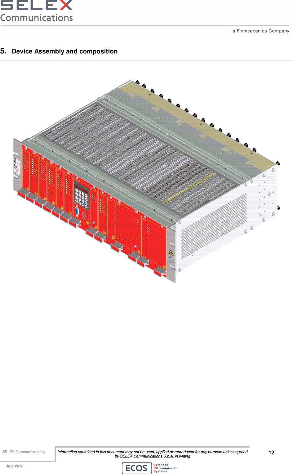  SELEX Communications  Information contained in this document may not be used, applied or reproduced for any purpose unless agreed by SELEX Communications S.p.A. in writing 12    July 2010    5.  Device Assembly and composition  