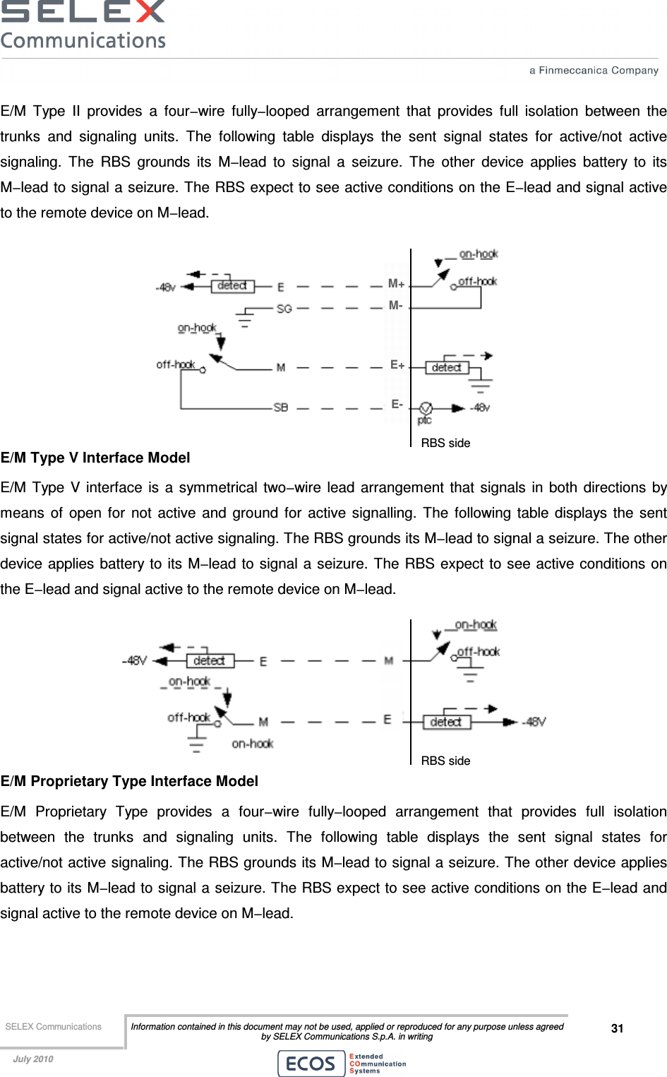  SELEX Communications  Information contained in this document may not be used, applied or reproduced for any purpose unless agreed by SELEX Communications S.p.A. in writing 31    July 2010    E/M  Type  II  provides  a  four−wire  fully−looped  arrangement  that  provides  full  isolation  between  the trunks  and  signaling  units.  The  following  table  displays  the  sent  signal  states  for  active/not  active signaling.  The  RBS  grounds  its  M−lead  to  signal  a  seizure.  The  other  device  applies  battery  to  its M−lead to signal a seizure. The RBS expect to see active conditions on the E−lead and signal active to the remote device on M−lead.   E/M Type V Interface Model E/M  Type V interface  is  a  symmetrical  two−wire lead arrangement  that  signals  in  both  directions  by means  of  open  for  not  active  and  ground  for  active  signalling.  The  following  table  displays  the  sent signal states for active/not active signaling. The RBS grounds its M−lead to signal a seizure. The other device applies battery to its M−lead to  signal a seizure. The RBS expect  to see active conditions on the E−lead and signal active to the remote device on M−lead.  E/M Proprietary Type Interface Model E/M  Proprietary  Type  provides  a  four−wire  fully−looped  arrangement  that  provides  full  isolation between  the  trunks  and  signaling  units.  The  following  table  displays  the  sent  signal  states  for active/not active signaling. The RBS grounds its M−lead to signal a seizure. The other device applies battery to its M−lead to signal a seizure. The RBS expect to see active conditions on the E−lead and signal active to the remote device on M−lead. M+ M- E+ E- RBS side RBS side 