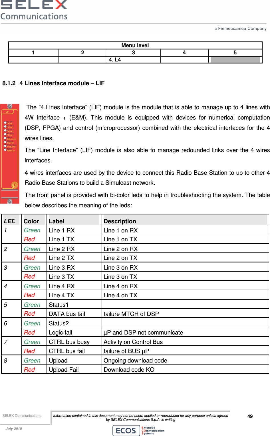  SELEX Communications  Information contained in this document may not be used, applied or reproduced for any purpose unless agreed by SELEX Communications S.p.A. in writing 49    July 2010    Menu level 1  2  3  4  5     4. L4      8.1.2  4 Lines Interface module – LIF   The &quot;4 Lines Interface” (LIF) module is the module that is able to manage up to 4 lines with 4W  interface  +  (E&amp;M).  This  module  is  equipped  with  devices  for  numerical  computation (DSP, FPGA)  and control (microprocessor)  combined with the electrical interfaces for the 4 wires lines. The  “Line  Interface”  (LIF)  module is also able  to manage  redounded links over the  4 wires interfaces.  4 wires interfaces are used by the device to connect this Radio Base Station to up to other 4 Radio Base Stations to build a Simulcast network. The front panel is provided with bi-color leds to help in troubleshooting the system. The table below describes the meaning of the leds: LED  Color  Label  Description 1  Green  Line 1 RX   Line 1 on RX  Red  Line 1 TX  Line 1 on TX 2  Green  Line 2 RX   Line 2 on RX  Red  Line 2 TX  Line 2 on TX 3  Green  Line 3 RX   Line 3 on RX  Red  Line 3 TX  Line 3 on TX 4  Green  Line 4 RX   Line 4 on RX  Red  Line 4 TX  Line 4 on TX 5  Green  Status1    Red  DATA bus fail  failure MTCH of DSP 6  Green  Status2    Red  Logic fail  µP and DSP not communicate 7  Green  CTRL bus busy  Activity on Control Bus  Red  CTRL bus fail  failure of BUS µP 8  Green  Upload   Ongoing download code   Red  Upload Fail  Download code KO  