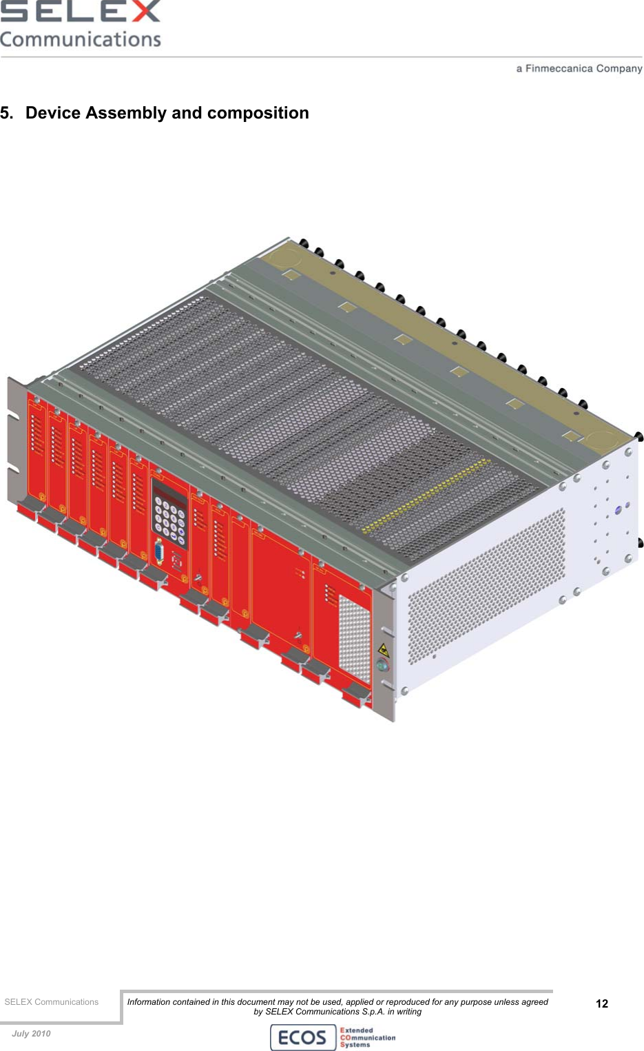  SELEX Communications  Information contained in this document may not be used, applied or reproduced for any purpose unless agreed by SELEX Communications S.p.A. in writing 12    July 2010    5.  Device Assembly and composition             