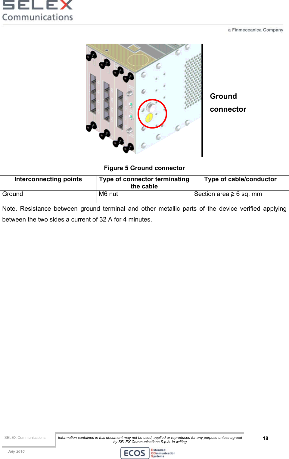  SELEX Communications  Information contained in this document may not be used, applied or reproduced for any purpose unless agreed by SELEX Communications S.p.A. in writing 18    July 2010     Figure 5 Ground connector Interconnecting points  Type of connector terminatingthe cable Type of cable/conductor Ground  M6 nut  Section area ≥ 6 sq. mm Note. Resistance between ground terminal and other metallic parts of the device verified applying between the two sides a current of 32 A for 4 minutes. Ground connector 