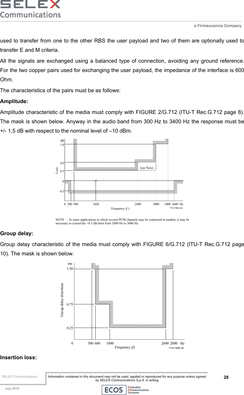  SELEX Communications  Information contained in this document may not be used, applied or reproduced for any purpose unless agreed by SELEX Communications S.p.A. in writing 28    July 2010    used to transfer from one to the other RBS the user payload and two of them are optionally used to transfer E and M criteria. All the signals are exchanged using a balanced type of connection, avoiding any ground reference. For the two copper pairs used for exchanging the user payload, the impedance of the interface is 600 Ohm. The characteristics of the pairs must be as follows: Amplitude: Amplitude characteristic of the media must comply with FIGURE 2/G.712 (ITU-T Rec.G.712 page 8). The mask is shown below. Anyway in the audio band from 300 Hz to 3400 Hz the response must be +/- 1,5 dB with respect to the nominal level of –10 dBm. 0 200 300 1020 2400 3000 3400 3600 HzdBT1511850-020–0.50.50.91.8Loss(see Note)Frequency (f )NOTE  –  In some applications in which several PCM channels may be connected in tandem, it may benecessary to extend the +0.5 dB limit from 2400 Hz to 3000 Hz.  Group delay: Group delay characteristic of the media must comply with FIGURE 6/G.712 (ITU-T Rec.G.712 page 10). The mask is shown below. 1000 2600 Hzms0T1511890-02500 600 28000.250.751.50Group delay distortionFrequency (f) Insertion loss: 