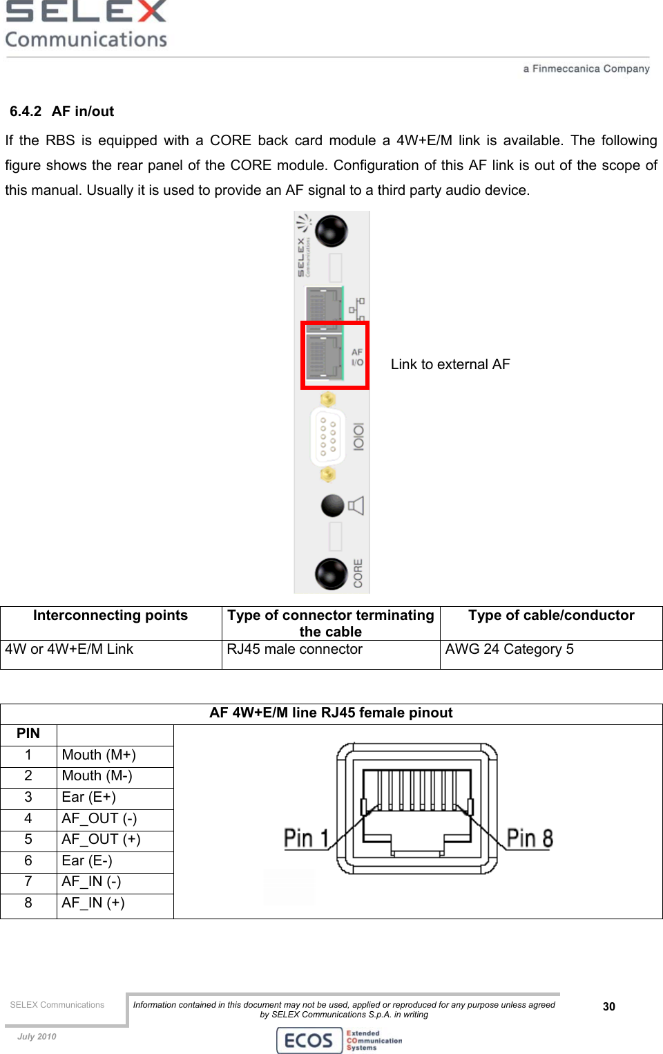  SELEX Communications  Information contained in this document may not be used, applied or reproduced for any purpose unless agreed by SELEX Communications S.p.A. in writing 30    July 2010    6.4.2 AF in/out If the RBS is equipped with a CORE back card module a 4W+E/M link is available. The following figure shows the rear panel of the CORE module. Configuration of this AF link is out of the scope of this manual. Usually it is used to provide an AF signal to a third party audio device.  Interconnecting points  Type of connector terminatingthe cable Type of cable/conductor 4W or 4W+E/M Link  RJ45 male connector  AWG 24 Category 5   AF 4W+E/M line RJ45 female pinout PIN  1 Mouth (M+) 2 Mouth (M-) 3 Ear (E+) 4 AF_OUT (-) 5 AF_OUT (+) 6 Ear (E-) 7 AF_IN (-) 8 AF_IN (+)    Link to external AF 