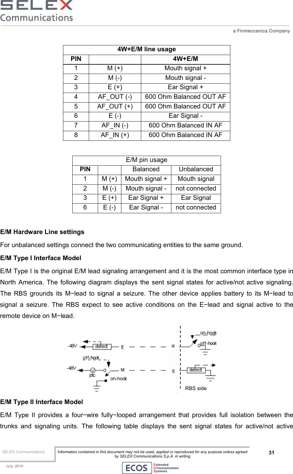  SELEX Communications  Information contained in this document may not be used, applied or reproduced for any purpose unless agreed by SELEX Communications S.p.A. in writing 31    July 2010    4W+E/M line usage PIN   4W+E/M 1  M (+)  Mouth signal + 2  M (-)  Mouth signal - 3  E (+)  Ear Signal + 4  AF_OUT (-)  600 Ohm Balanced OUT AF 5  AF_OUT (+)  600 Ohm Balanced OUT AF 6  E (-)  Ear Signal - 7  AF_IN (-)  600 Ohm Balanced IN AF 8  AF_IN (+)  600 Ohm Balanced IN AF  E/M pin usage PIN   Balanced Unbalanced 1  M (+)  Mouth signal +  Mouth signal 2  M (-)  Mouth signal -  not connected 3  E (+)  Ear Signal +  Ear Signal 6  E (-)  Ear Signal -  not connected  E/M Hardware Line settings For unbalanced settings connect the two communicating entities to the same ground. E/M Type I Interface Model E/M Type I is the original E/M lead signaling arrangement and it is the most common interface type in North America. The following diagram displays the sent signal states for active/not active signaling. The RBS grounds its M−lead to signal a seizure. The other device applies battery to its M−lead to signal a seizure. The RBS expect to see active conditions on the E−lead and signal active to the remote device on M−lead.  E/M Type II Interface Model E/M Type II provides a four−wire fully−looped arrangement that provides full isolation between the trunks and signaling units. The following table displays the sent signal states for active/not active RBS side 