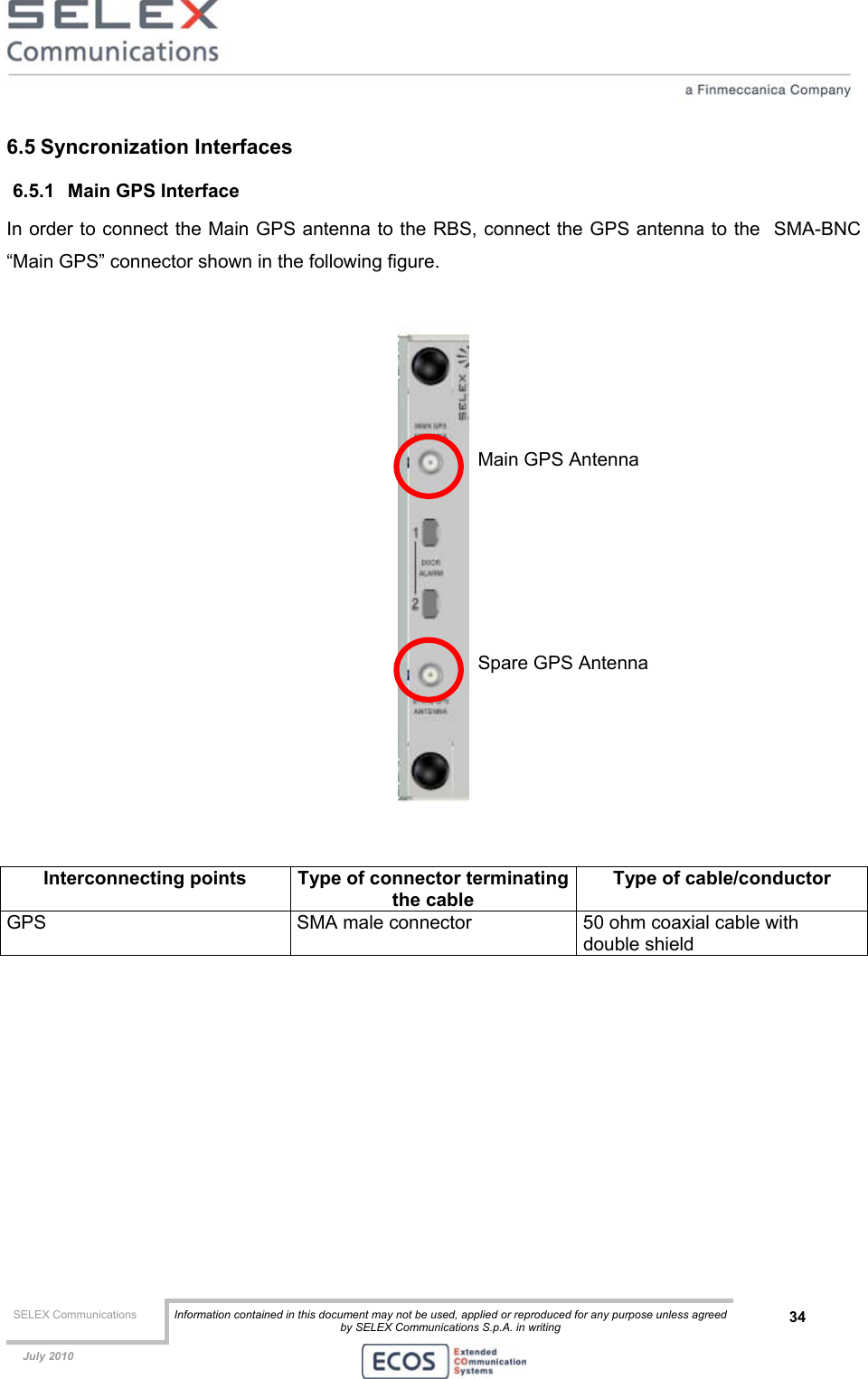  SELEX Communications  Information contained in this document may not be used, applied or reproduced for any purpose unless agreed by SELEX Communications S.p.A. in writing 34    July 2010    6.5 Syncronization Interfaces 6.5.1  Main GPS Interface In order to connect the Main GPS antenna to the RBS, connect the GPS antenna to the  SMA-BNC “Main GPS” connector shown in the following figure.       Interconnecting points  Type of connector terminatingthe cable Type of cable/conductor GPS  SMA male connector  50 ohm coaxial cable with double shield  Main GPS Antenna Spare GPS Antenna 