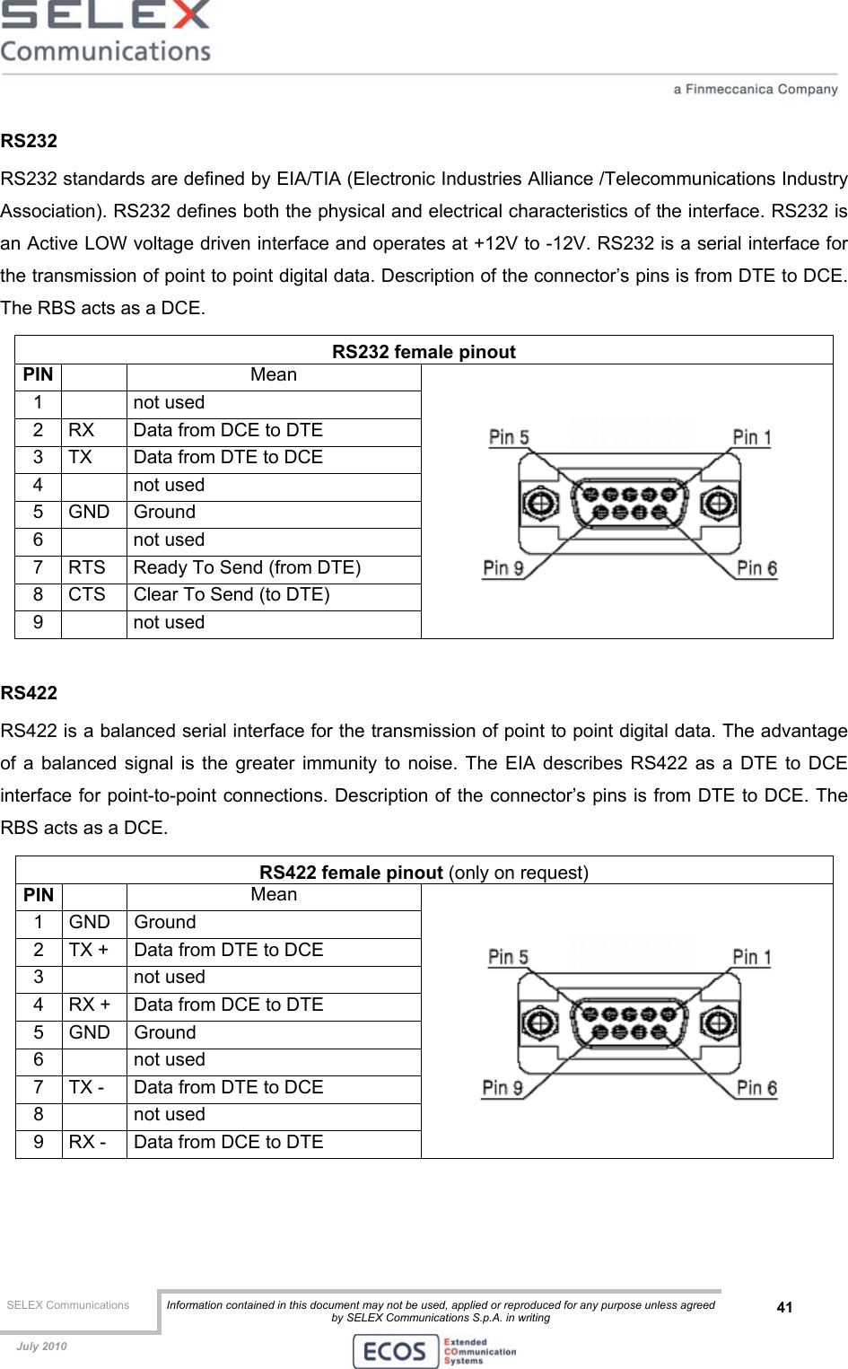  SELEX Communications  Information contained in this document may not be used, applied or reproduced for any purpose unless agreed by SELEX Communications S.p.A. in writing 41    July 2010    RS232 RS232 standards are defined by EIA/TIA (Electronic Industries Alliance /Telecommunications Industry Association). RS232 defines both the physical and electrical characteristics of the interface. RS232 is an Active LOW voltage driven interface and operates at +12V to -12V. RS232 is a serial interface for the transmission of point to point digital data. Description of the connector’s pins is from DTE to DCE. The RBS acts as a DCE. RS232 female pinout PIN   Mean 1   not used 2  RX  Data from DCE to DTE 3  TX  Data from DTE to DCE 4   not used 5 GND Ground 6   not used 7  RTS  Ready To Send (from DTE) 8  CTS  Clear To Send (to DTE) 9   not used   RS422 RS422 is a balanced serial interface for the transmission of point to point digital data. The advantage of a balanced signal is the greater immunity to noise. The EIA describes RS422 as a DTE to DCE interface for point-to-point connections. Description of the connector’s pins is from DTE to DCE. The RBS acts as a DCE. RS422 female pinout (only on request) PIN   Mean 1 GND Ground 2  TX +  Data from DTE to DCE 3   not used 4  RX +  Data from DCE to DTE 5 GND Ground 6   not used 7  TX -  Data from DTE to DCE 8   not used 9  RX -  Data from DCE to DTE   