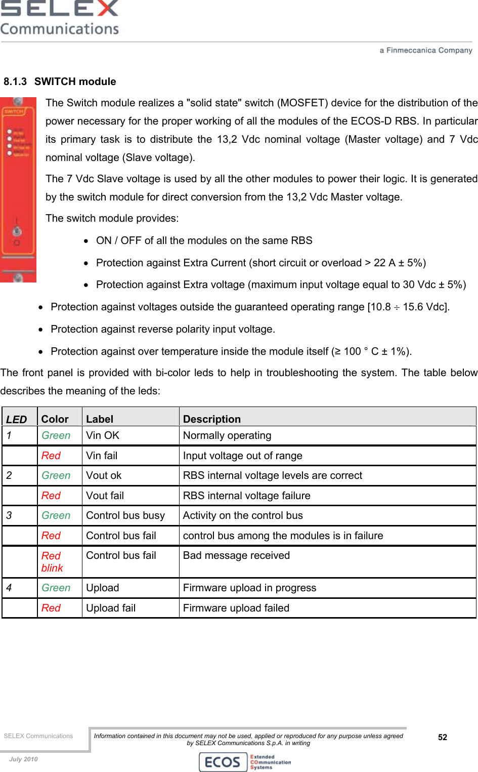  SELEX Communications  Information contained in this document may not be used, applied or reproduced for any purpose unless agreed by SELEX Communications S.p.A. in writing 52    July 2010    8.1.3 SWITCH module The Switch module realizes a &quot;solid state&quot; switch (MOSFET) device for the distribution of the power necessary for the proper working of all the modules of the ECOS-D RBS. In particular its primary task is to distribute the 13,2 Vdc nominal voltage (Master voltage) and 7 Vdc nominal voltage (Slave voltage). The 7 Vdc Slave voltage is used by all the other modules to power their logic. It is generated by the switch module for direct conversion from the 13,2 Vdc Master voltage. The switch module provides: •  ON / OFF of all the modules on the same RBS •  Protection against Extra Current (short circuit or overload &gt; 22 A ± 5%) •  Protection against Extra voltage (maximum input voltage equal to 30 Vdc ± 5%) •  Protection against voltages outside the guaranteed operating range [10.8 ÷ 15.6 Vdc]. •  Protection against reverse polarity input voltage. •  Protection against over temperature inside the module itself (≥ 100 ° C ± 1%). The front panel is provided with bi-color leds to help in troubleshooting the system. The table below describes the meaning of the leds: LED  Color  Label  Description 1  Green   Vin OK  Normally operating  Red  Vin fail  Input voltage out of range 2  Green   Vout ok  RBS internal voltage levels are correct  Red  Vout fail  RBS internal voltage failure 3  Green Control bus busy  Activity on the control bus  Red  Control bus fail  control bus among the modules is in failure  Red blink Control bus fail  Bad message received 4  Green Upload  Firmware upload in progress  Red  Upload fail  Firmware upload failed  