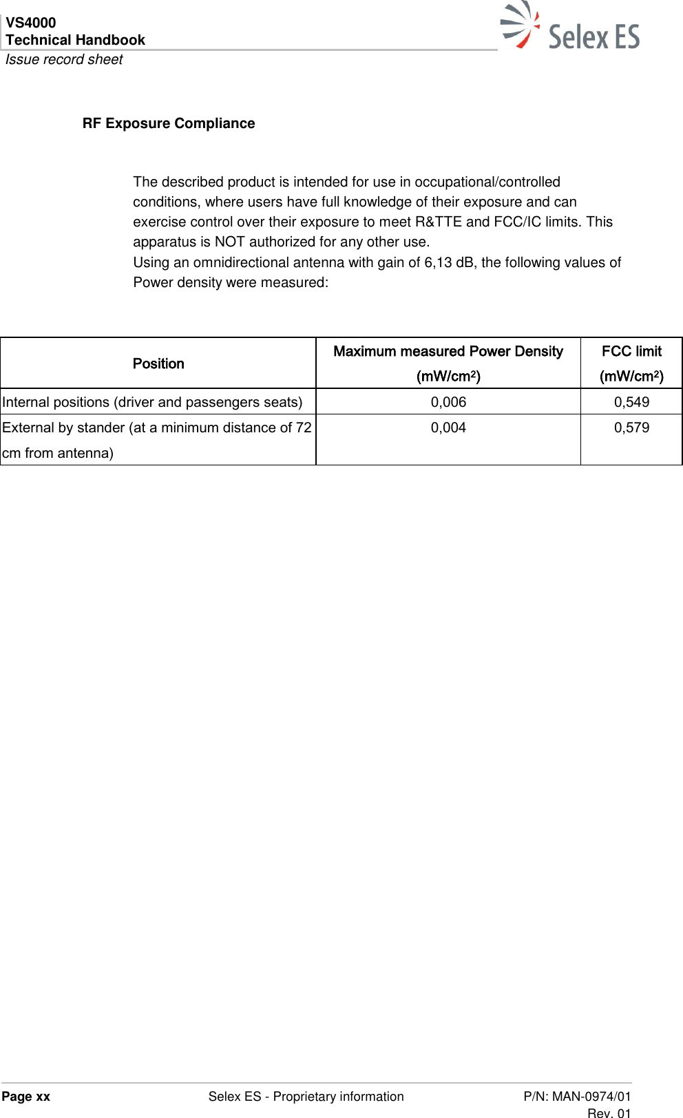 VS4000 Technical Handbook  Issue record sheet  Page xx  Selex ES - Proprietary information P/N: MAN-0974/01 Rev. 01  RF Exposure Compliance   The described product is intended for use in occupational/controlled conditions, where users have full knowledge of their exposure and can exercise control over their exposure to meet R&amp;TTE and FCC/IC limits. This apparatus is NOT authorized for any other use.  Using an omnidirectional antenna with gain of 6,13 dB, the following values of Power density were measured:   Position Maximum measured Power Density  (mW/cm2) FCC limit  (mW/cm2) Internal positions (driver and passengers seats) 0,006 0,549 External by stander (at a minimum distance of 72 cm from antenna) 0,004 0,579  