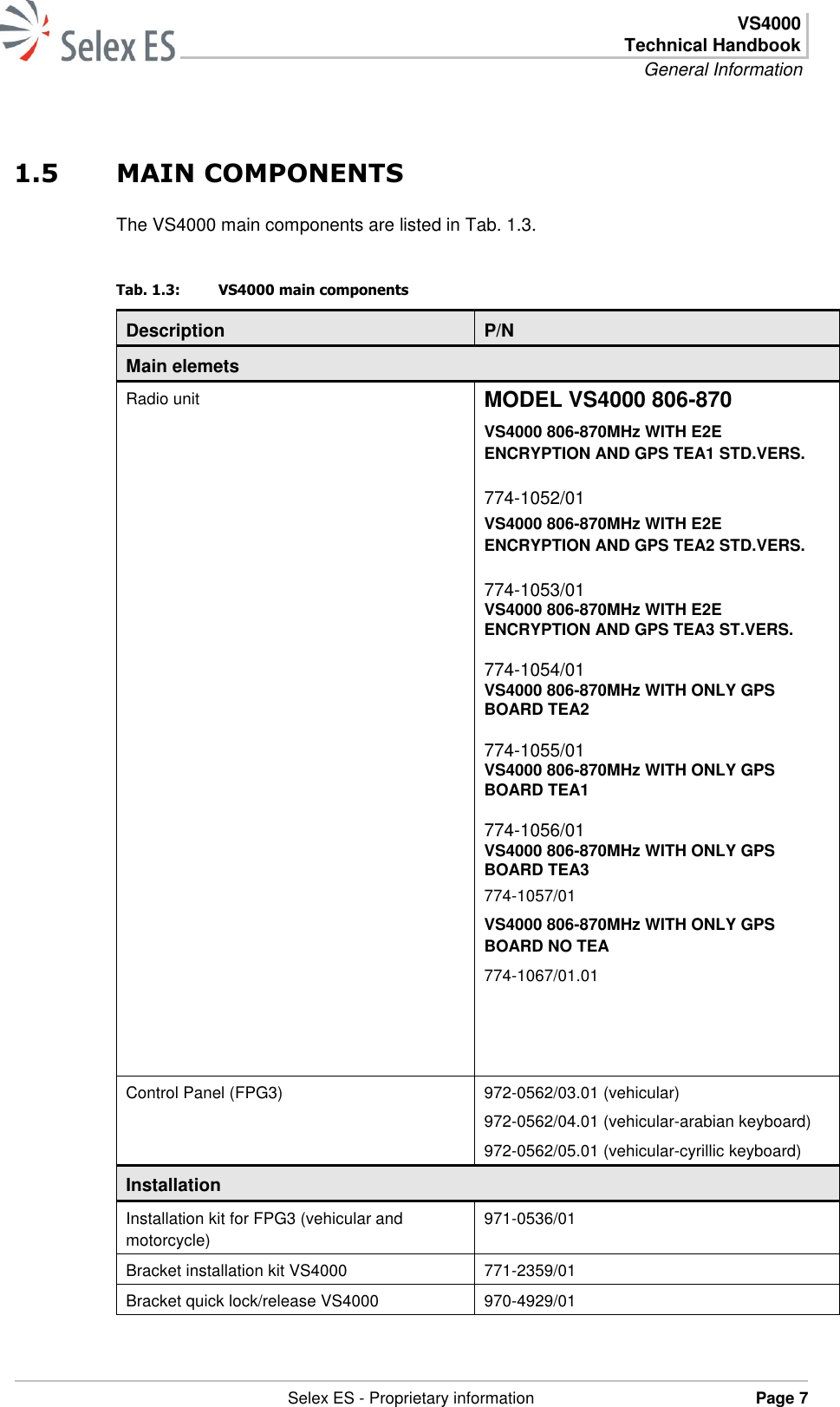  VS4000 Technical Handbook General Information   Selex ES - Proprietary information Page 7  1.5 MAIN COMPONENTS The VS4000 main components are listed in Tab. 1.3. Tab. 1.3:  VS4000 main components Description P/N Main elemets Radio unit MODEL VS4000 806-870 VS4000 806-870MHz WITH E2E ENCRYPTION AND GPS TEA1 STD.VERS.   774-1052/01 VS4000 806-870MHz WITH E2E ENCRYPTION AND GPS TEA2 STD.VERS.   774-1053/01 VS4000 806-870MHz WITH E2E  ENCRYPTION AND GPS TEA3 ST.VERS.   774-1054/01 VS4000 806-870MHz WITH ONLY GPS  BOARD TEA2   774-1055/01 VS4000 806-870MHz WITH ONLY GPS  BOARD TEA1   774-1056/01 VS4000 806-870MHz WITH ONLY GPS BOARD TEA3 774-1057/01 VS4000 806-870MHz WITH ONLY GPS BOARD NO TEA 774-1067/01.01       Control Panel (FPG3) 972-0562/03.01 (vehicular) 972-0562/04.01 (vehicular-arabian keyboard) 972-0562/05.01 (vehicular-cyrillic keyboard) Installation Installation kit for FPG3 (vehicular and motorcycle) 971-0536/01 Bracket installation kit VS4000 771-2359/01 Bracket quick lock/release VS4000 970-4929/01 