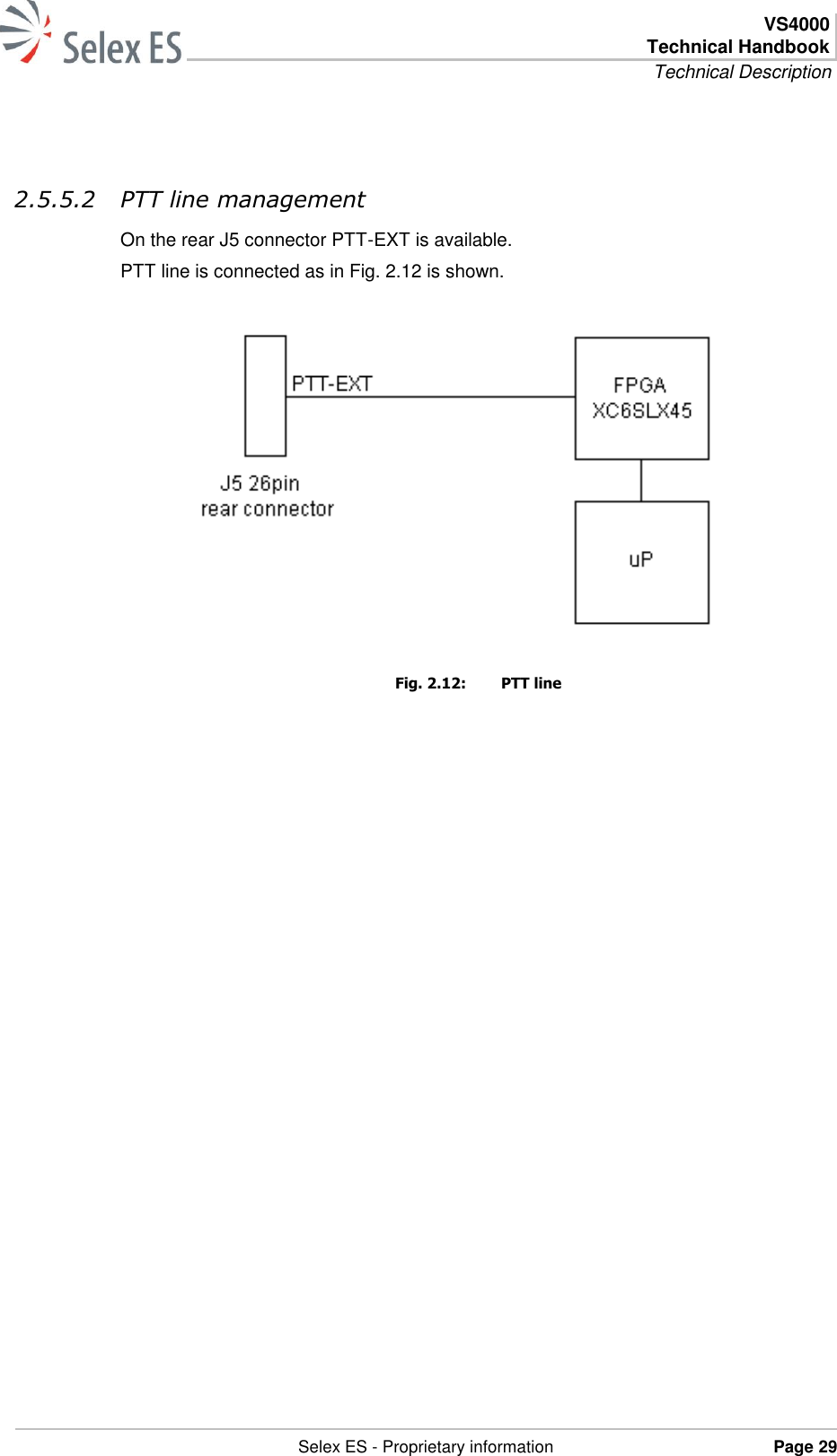  VS4000 Technical Handbook Technical Description   Selex ES - Proprietary information Page 29    2.5.5.2 PTT line management On the rear J5 connector PTT-EXT is available. PTT line is connected as in Fig. 2.12 is shown.   Fig. 2.12:  PTT line 
