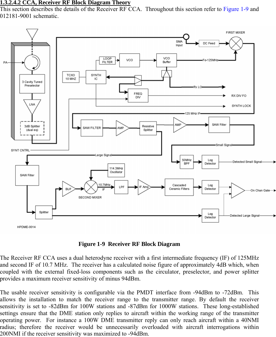  1.3.2.4.2 CCA, Receiver RF Block Diagram Theory This section describes the details of the Receiver RF CCA.  Throughout this section refer to Figure 1-9 and 012181-9001 schematic.    Figure 1-9  Receiver RF Block Diagram  The Receiver RF CCA uses a dual heterodyne receiver with a first intermediate frequency (IF) of 125MHz and second IF of 10.7 MHz.  The receiver has a calculated noise figure of approximately 4dB which, when coupled with the external fixed-loss components such as the circulator, preselector, and power splitter provides a maximum receiver sensitivity of minus 94dBm.  The usable receiver sensitivity is configurable via the PMDT interface from -94dBm to -72dBm.  This allows the installation to match the receiver range to the transmitter range. By default the receiver sensitivity is set to -82dBm for 100W stations and -87dBm for 1000W stations.  These long-established settings ensure that the DME station only replies to aircraft within the working range of the transmitter operating power.  For instance a 100W DME transmitter reply can only reach aircraft within a 40NMI radius; therefore the receiver would be unnecessarily overloaded with aircraft interrogations within 200NMI if the receiver sensitivity was maximized to -94dBm.  