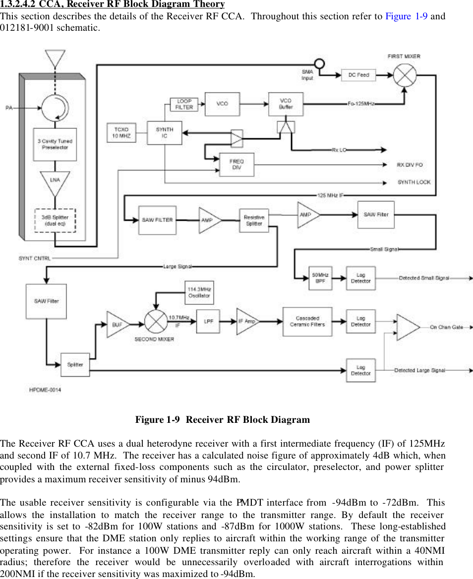  1.3.2.4.2 CCA, Receiver RF Block Diagram Theory This section describes the details of the Receiver RF CCA.  Throughout this section refer to Figure 1-9 and 012181-9001 schematic.    Figure 1-9  Receiver RF Block Diagram  The Receiver RF CCA uses a dual heterodyne receiver with a first intermediate frequency (IF) of 125MHz and second IF of 10.7 MHz.  The receiver has a calculated noise figure of approximately 4dB which, when coupled with the external fixed-loss components such as the circulator, preselector, and power splitter provides a maximum receiver sensitivity of minus 94dBm.  The usable receiver sensitivity is configurable via the PMDT interface from  -94dBm to -72dBm.  This allows the installation to match the receiver range to the transmitter range. By default the receiver sensitivity is set to -82dBm for 100W stations and -87dBm for 1000W stations.  These long-established settings ensure that the DME station only replies to aircraft within the working range of the transmitter operating power.  For instance a 100W DME transmitter reply can only reach aircraft within a 40NMI radius; therefore the receiver would be unnecessarily overloaded with aircraft interrogations within 200NMI if the receiver sensitivity was maximized to -94dBm.  