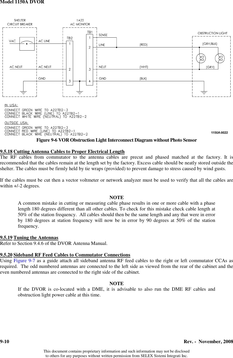 Model 1150A DVOR  9-10  Rev. -  November, 2008  This document contains proprietary information and such information may not be disclosed to others for any purposes without written permission from SELEX Sistemi Integrati Inc. Figure 9-6 VOR Obstruction Light Interconnect Diagram without Photo Sensor  9.5.18 Cutting Antenna Cables to Proper Electrical LengthThe RF cables from commutator to the antenna cables are precut and phased matched at the factory. It is recommended that the cables remain at the length set by the factory. Excess cable should be neatly stored outside the shelter. The cables must be firmly held by tie wraps (provided) to prevent damage to stress caused by wind gusts.  If the cables must be cut then a vector voltmeter or network analyzer must be used to verify that all the cables are within +/-2 degrees.  NOTE Acommon mistake in cutting or measuring cable phase results in one or more cable with a phase length 180 degrees different than all other cables. To check for this mistake check cable length at 50% of the station frequency.  All cables should then be the same length and any that were in error by 180 degrees at station frequency will now be in error by 90 degrees at 50% of the station frequency.  9.5.19 Tuning the AntennasRefer to Section 9.4.6 of the DVOR Antenna Manual.  9.5.20 Sideband RF Feed Cables to Commutator ConnectionsUsing Figure 9-7 as a guide attach all sideband antenna RF feed cables to the right or left commutator CCAs as required.  The odd numbered antennas are connected to the left side as viewed from the rear of the cabinet and the even numbered antennas are connected to the right side of the cabinet.  NOTE If the DVOR is co-located with a DME, it is advisable to also run the DME RF cables and obstruction light power cable at this time. 