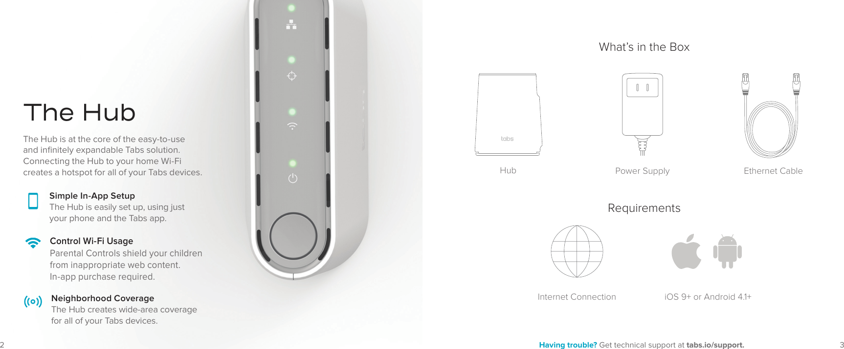 2Having trouble? Get technical support at tabs.io/support. 3The HubThe Hub is at the core of the easy-to-use and inﬁnitely expandable Tabs solution. Connecting the Hub to your home Wi-Fi creates a hotspot for all of your Tabs devices.What’s in the BoxHubRequirementsInternet Connection iOS 9+ or Android 4.1+Ethernet CablePower SupplyControl Wi-Fi UsageParental Controls shield your children from inappropriate web content. In-app purchase required.Neighborhood CoverageThe Hub creates wide-area coverage for all of your Tabs devices.Simple In-App SetupThe Hub is easily set up, using just your phone and the Tabs app.