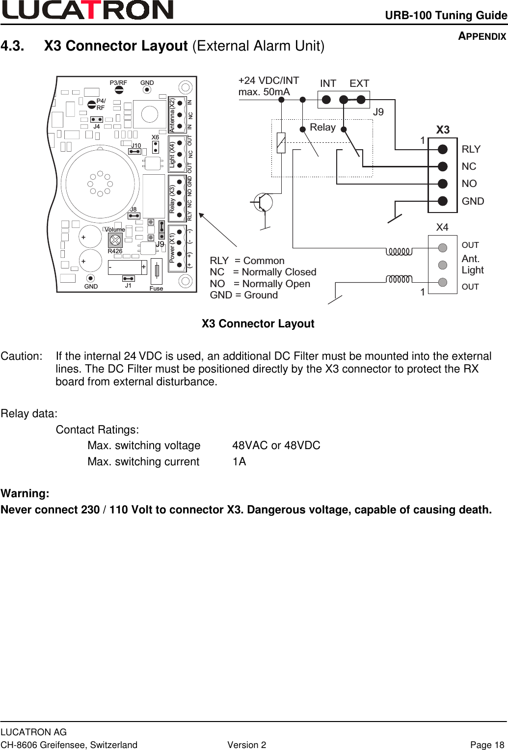    URB-100 Tuning Guide  LUCATRON AG CH-8606 Greifensee, Switzerland  Version 2  Page 18 4.3.  X3 Connector Layout (External Alarm Unit)  RLY = CommonNC = Normally ClosedNO = Normally OpenGND = Ground++-+GNDP3/RFP4/RFGNDR426J10J4J9J8J1IN NC INOUT NC OUTPower (X1) Relay (X3) Light (X4) Antenna(X2)X6Fuse(+ +) (- -)VolumeRLY NC NO GNDEXTINTRelay+24 VDC/INTmax. 50mA1RLYNCNOGNDX3J91OUTOUTX4Ant.Light   X3 Connector Layout   Caution:  If the internal 24 VDC is used, an additional DC Filter must be mounted into the external lines. The DC Filter must be positioned directly by the X3 connector to protect the RX board from external disturbance.  Relay data:   Contact Ratings:       Max. switching voltage   48VAC or 48VDC     Max. switching current  1A  Warning:  Never connect 230 / 110 Volt to connector X3. Dangerous voltage, capable of causing death.  APPENDIX 