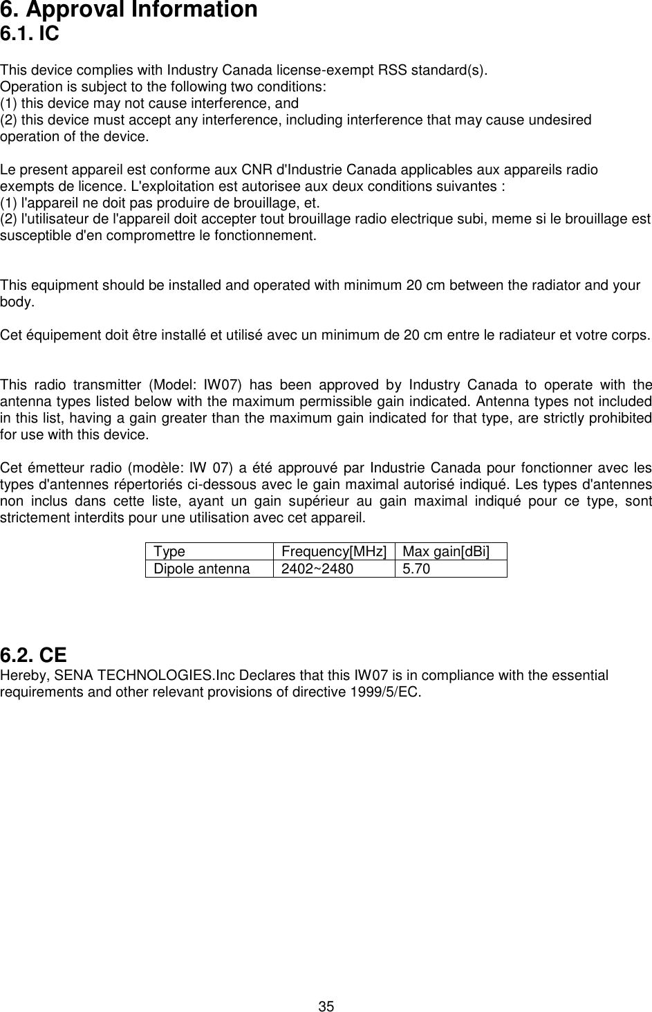  35 6. Approval Information 6.1. IC  This device complies with Industry Canada license-exempt RSS standard(s). Operation is subject to the following two conditions: (1) this device may not cause interference, and (2) this device must accept any interference, including interference that may cause undesired operation of the device.  Le present appareil est conforme aux CNR d&apos;Industrie Canada applicables aux appareils radio exempts de licence. L&apos;exploitation est autorisee aux deux conditions suivantes : (1) l&apos;appareil ne doit pas produire de brouillage, et. (2) l&apos;utilisateur de l&apos;appareil doit accepter tout brouillage radio electrique subi, meme si le brouillage est susceptible d&apos;en compromettre le fonctionnement.   This equipment should be installed and operated with minimum 20 cm between the radiator and your body.  Cet équipement doit être installé et utilisé avec un minimum de 20 cm entre le radiateur et votre corps.   This  radio  transmitter  (Model:  IW07)  has  been  approved  by  Industry  Canada  to  operate  with  the antenna types listed below with the maximum permissible gain indicated. Antenna types not included in this list, having a gain greater than the maximum gain indicated for that type, are strictly prohibited for use with this device.  Cet émetteur radio (modèle: IW 07) a été approuvé par Industrie Canada pour fonctionner avec les types d&apos;antennes répertoriés ci-dessous avec le gain maximal autorisé indiqué. Les types d&apos;antennes non  inclus  dans  cette  liste,  ayant  un  gain  supérieur  au  gain  maximal  indiqué  pour  ce  type,  sont strictement interdits pour une utilisation avec cet appareil.  Type Frequency[MHz] Max gain[dBi] Dipole antenna 2402~2480 5.70     6.2. CE Hereby, SENA TECHNOLOGIES.Inc Declares that this IW07 is in compliance with the essential requirements and other relevant provisions of directive 1999/5/EC.   