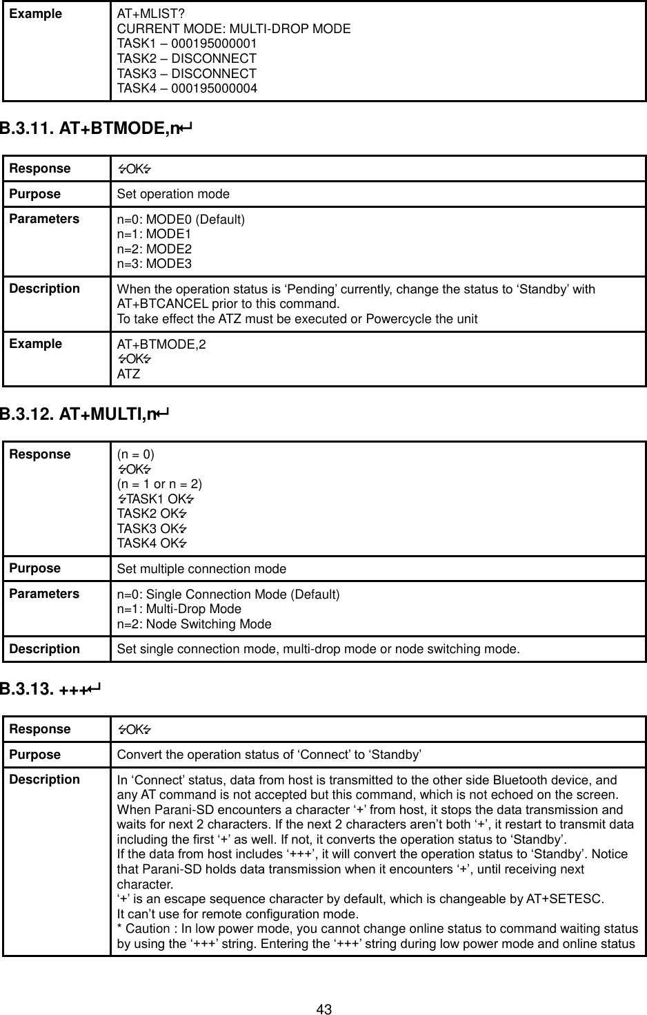  43 Example AT+MLIST? CURRENT MODE: MULTI-DROP MODE TASK1 – 000195000001 TASK2 – DISCONNECT TASK3 – DISCONNECT TASK4 – 000195000004  B.3.11. AT+BTMODE,n  Response OK Purpose Set operation mode Parameters n=0: MODE0 (Default) n=1: MODE1 n=2: MODE2 n=3: MODE3 Description When the operation status is ‘Pending’ currently, change the status to ‘Standby’ with AT+BTCANCEL prior to this command. To take effect the ATZ must be executed or Powercycle the unit Example AT+BTMODE,2 OK ATZ  B.3.12. AT+MULTI,n  Response (n = 0) OK (n = 1 or n = 2) TASK1 OK TASK2 OK TASK3 OK TASK4 OK Purpose Set multiple connection mode Parameters n=0: Single Connection Mode (Default) n=1: Multi-Drop Mode n=2: Node Switching Mode Description Set single connection mode, multi-drop mode or node switching mode.  B.3.13. +++  Response OK Purpose Convert the operation status of ‘Connect’ to ‘Standby’ Description In ‘Connect’ status, data from host is transmitted to the other side Bluetooth device, and any AT command is not accepted but this command, which is not echoed on the screen. When Parani-SD encounters a character ‘+’ from host, it stops the data transmission and waits for next 2 characters. If the next 2 characters aren’t both ‘+’, it restart to transmit data including the first ‘+’ as well. If not, it converts the operation status to ‘Standby’. If the data from host includes ‘+++’, it will convert the operation status to ‘Standby’. Notice that Parani-SD holds data transmission when it encounters ‘+’, until receiving next character. ‘+’ is an escape sequence character by default, which is changeable by AT+SETESC. It can’t use for remote configuration mode. * Caution : In low power mode, you cannot change online status to command waiting status by using the ‘+++’ string. Entering the ‘+++’ string during low power mode and online status 