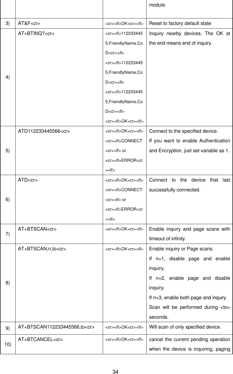  34module. 3) AT&amp;F&lt;cr&gt; &lt;cr&gt;&lt;lf&gt;OK&lt;cr&gt;&lt;lf&gt; Reset to factory default state 4) AT+BTINQ?&lt;cr&gt; &lt;cr&gt;&lt;lf&gt;1122334455,FriendlyName,CoD&lt;cr&gt;&lt;lf&gt; &lt;cr&gt;&lt;lf&gt;1122334455,FriendlyName,CoD&lt;cr&gt;&lt;lf&gt; &lt;cr&gt;&lt;lf&gt;1122334455,FriendlyName,CoD&lt;cr&gt;&lt;lf&gt; &lt;cr&gt;&lt;lf&gt;OK&lt;cr&gt;&lt;lf&gt; Inquiry nearby devices. The OK at the end means end of inquiry. 5) ATD112233445566&lt;cr&gt; &lt;cr&gt;&lt;lf&gt;OK&lt;cr&gt;&lt;lf&gt; &lt;cr&gt;&lt;lf&gt;CONNECT&lt;cr&gt;&lt;lf&gt; or &lt;cr&gt;&lt;lf&gt;ERROR&lt;cr&gt;&lt;lf&gt; Connect to the specified device.   If you want to enable Authentication and Encryption, just set variable as 1. 6) ATD&lt;cr&gt; &lt;cr&gt;&lt;lf&gt;OK&lt;cr&gt;&lt;lf&gt; &lt;cr&gt;&lt;lf&gt;CONNECT&lt;cr&gt;&lt;lf&gt; or &lt;cr&gt;&lt;lf&gt;ERROR&lt;cr&gt;&lt;lf&gt; Connect to the device that last successfully connected. 7) AT+BTSCAN&lt;cr&gt; &lt;cr&gt;&lt;lf&gt;OK&lt;cr&gt;&lt;lf&gt; Enable inquiry and page scans with timeout of infinity. 8) AT+BTSCAN,n,to&lt;cr&gt; &lt;cr&gt;&lt;lf&gt;OK&lt;cr&gt;&lt;lf&gt; Enable inquiry or Page scans. If n=1, disable page and enable inquiry. If n=2, enable page and disable inquiry. If n=3, enable both page and inquiry. Scan will be performed during &lt;to&gt; seconds. 9) AT+BTSCAN112233445566,to&lt;cr&gt; &lt;cr&gt;&lt;lf&gt;OK&lt;cr&gt;&lt;lf&gt; Will scan of only specified device. 10) AT+BTCANCEL&lt;cr&gt; &lt;cr&gt;&lt;lf&gt;OK&lt;cr&gt;&lt;lf&gt; cancel the current pending operation when the device is inquiring, paging 