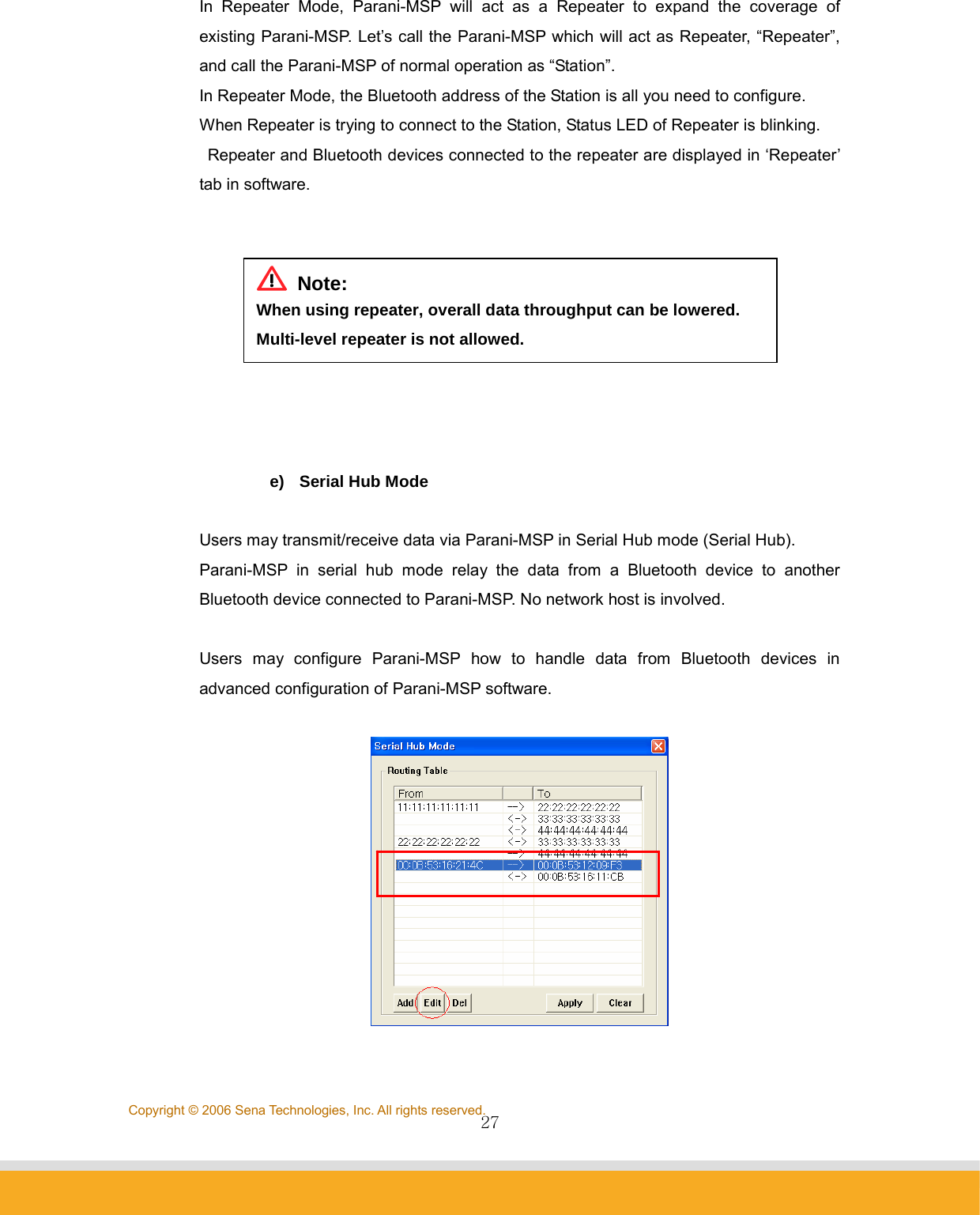                27Copyright © 2006 Sena Technologies, Inc. All rights reserved.In Repeater Mode, Parani-MSP will act as a Repeater to expand the coverage of existing Parani-MSP. Let’s call the Parani-MSP which will act as Repeater, “Repeater”, and call the Parani-MSP of normal operation as “Station”.   In Repeater Mode, the Bluetooth address of the Station is all you need to configure. When Repeater is trying to connect to the Station, Status LED of Repeater is blinking.   Repeater and Bluetooth devices connected to the repeater are displayed in ‘Repeater’ tab in software.       e)  Serial Hub Mode  Users may transmit/receive data via Parani-MSP in Serial Hub mode (Serial Hub). Parani-MSP in serial hub mode relay the data from a Bluetooth device to another Bluetooth device connected to Parani-MSP. No network host is involved.  Users may configure Parani-MSP how to handle data from Bluetooth devices in advanced configuration of Parani-MSP software.      Note: When using repeater, overall data throughput can be lowered. Multi-level repeater is not allowed. 