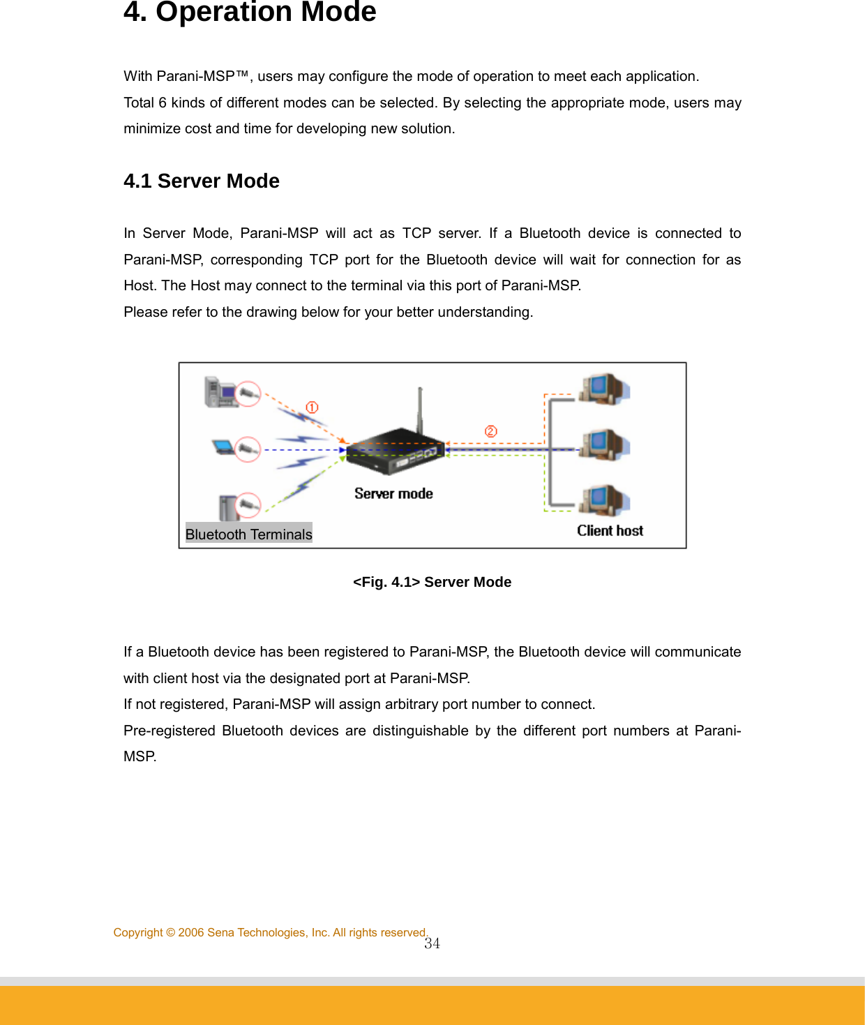                34Copyright © 2006 Sena Technologies, Inc. All rights reserved. 4. Operation Mode  With Parani-MSP™, users may configure the mode of operation to meet each application.   Total 6 kinds of different modes can be selected. By selecting the appropriate mode, users may minimize cost and time for developing new solution.    4.1 Server Mode  In Server Mode, Parani-MSP will act as TCP server. If a Bluetooth device is connected to Parani-MSP, corresponding TCP port for the Bluetooth device will wait for connection for as Host. The Host may connect to the terminal via this port of Parani-MSP.   Please refer to the drawing below for your better understanding.   &lt;Fig. 4.1&gt; Server Mode  If a Bluetooth device has been registered to Parani-MSP, the Bluetooth device will communicate with client host via the designated port at Parani-MSP. If not registered, Parani-MSP will assign arbitrary port number to connect. Pre-registered Bluetooth devices are distinguishable by the different port numbers at Parani-MSP.        Bluetooth Terminals   