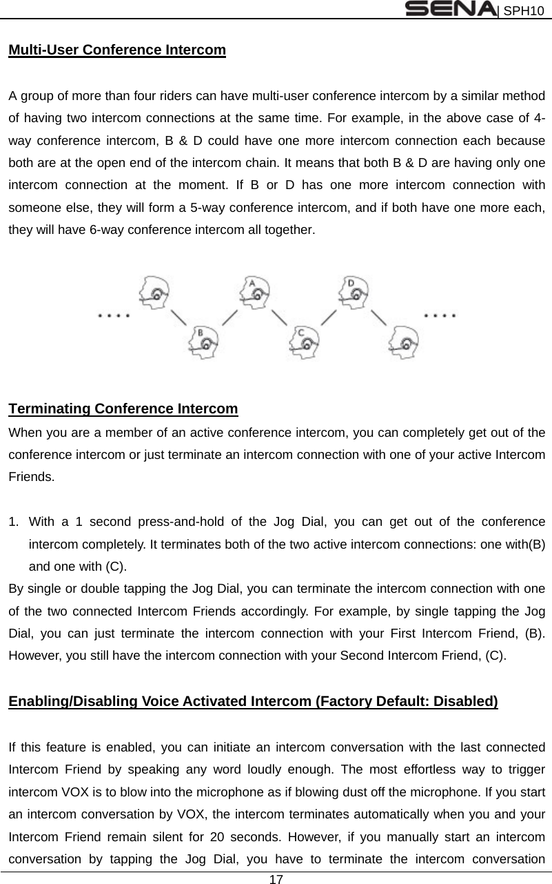 | SPH10  17  Multi-User Conference Intercom  A group of more than four riders can have multi-user conference intercom by a similar method of having two intercom connections at the same time. For example, in the above case of 4-way conference intercom, B &amp; D could have one more intercom connection each because both are at the open end of the intercom chain. It means that both B &amp; D are having only one intercom connection at the moment. If B or D has one more intercom connection with someone else, they will form a 5-way conference intercom, and if both have one more each, they will have 6-way conference intercom all together.    Terminating Conference Intercom When you are a member of an active conference intercom, you can completely get out of the conference intercom or just terminate an intercom connection with one of your active Intercom Friends.   1.  With a 1 second press-and-hold of the Jog Dial, you can get out of the conference intercom completely. It terminates both of the two active intercom connections: one with(B) and one with (C). By single or double tapping the Jog Dial, you can terminate the intercom connection with one of the two connected Intercom Friends accordingly. For example, by single tapping the Jog Dial, you can just terminate the intercom connection with your First Intercom Friend, (B). However, you still have the intercom connection with your Second Intercom Friend, (C).  Enabling/Disabling Voice Activated Intercom (Factory Default: Disabled)  If this feature is enabled, you can initiate an intercom conversation with the last connected Intercom Friend by speaking any word loudly enough. The most effortless way to trigger intercom VOX is to blow into the microphone as if blowing dust off the microphone. If you start an intercom conversation by VOX, the intercom terminates automatically when you and your Intercom Friend remain silent for 20 seconds. However, if you manually start an intercom conversation by tapping the Jog Dial, you have to terminate the intercom conversation 