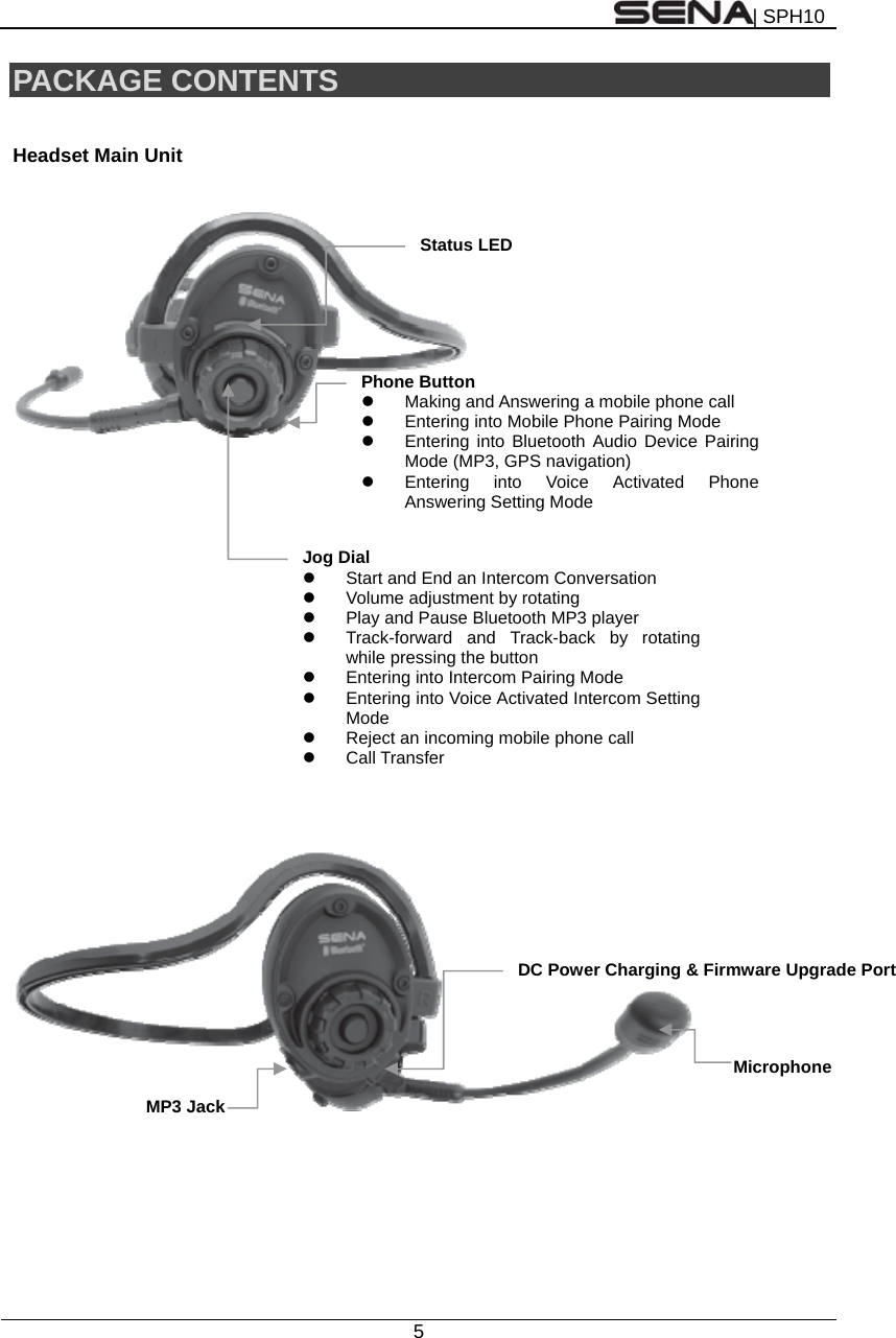 | SPH10  5  PACKAGE CONTENTS  Headset Main Unit                      Jog Dial   Start and End an Intercom Conversation   Volume adjustment by rotating   Play and Pause Bluetooth MP3 player   Track-forward and Track-back by rotating while pressing the button   Entering into Intercom Pairing Mode   Entering into Voice Activated Intercom Setting Mode   Reject an incoming mobile phone call Call Transfer Phone Button   Making and Answering a mobile phone call   Entering into Mobile Phone Pairing Mode   Entering into Bluetooth Audio Device Pairing Mode (MP3, GPS navigation)   Entering into Voice Activated Phone Answering Setting Mode DC Power Charging &amp; Firmware Upgrade PortMP3 Jack Microphone Status LED