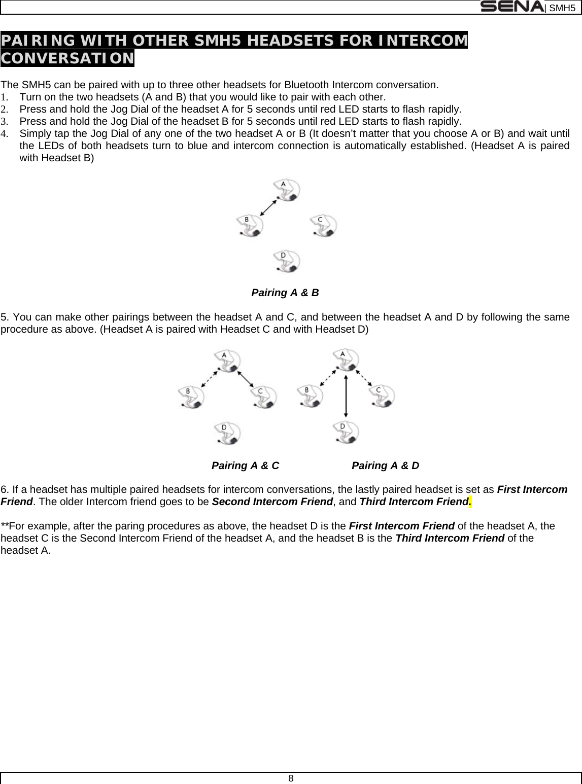  | SMH5  8  PAIRING WITH OTHER SMH5 HEADSETS FOR INTERCOM CONVERSATION  The SMH5 can be paired with up to three other headsets for Bluetooth Intercom conversation.  1.  Turn on the two headsets (A and B) that you would like to pair with each other. 2.  Press and hold the Jog Dial of the headset A for 5 seconds until red LED starts to flash rapidly. 3.  Press and hold the Jog Dial of the headset B for 5 seconds until red LED starts to flash rapidly. 4.  Simply tap the Jog Dial of any one of the two headset A or B (It doesn’t matter that you choose A or B) and wait until the LEDs of both headsets turn to blue and intercom connection is automatically established. (Headset A is paired with Headset B)    Pairing A &amp; B  5. You can make other pairings between the headset A and C, and between the headset A and D by following the same procedure as above. (Headset A is paired with Headset C and with Headset D)                                           Pairing A &amp; C       Pairing A &amp; D  6. If a headset has multiple paired headsets for intercom conversations, the lastly paired headset is set as First Intercom Friend. The older Intercom friend goes to be Second Intercom Friend, and Third Intercom Friend.  **For example, after the paring procedures as above, the headset D is the First Intercom Friend of the headset A, the headset C is the Second Intercom Friend of the headset A, and the headset B is the Third Intercom Friend of the headset A.  