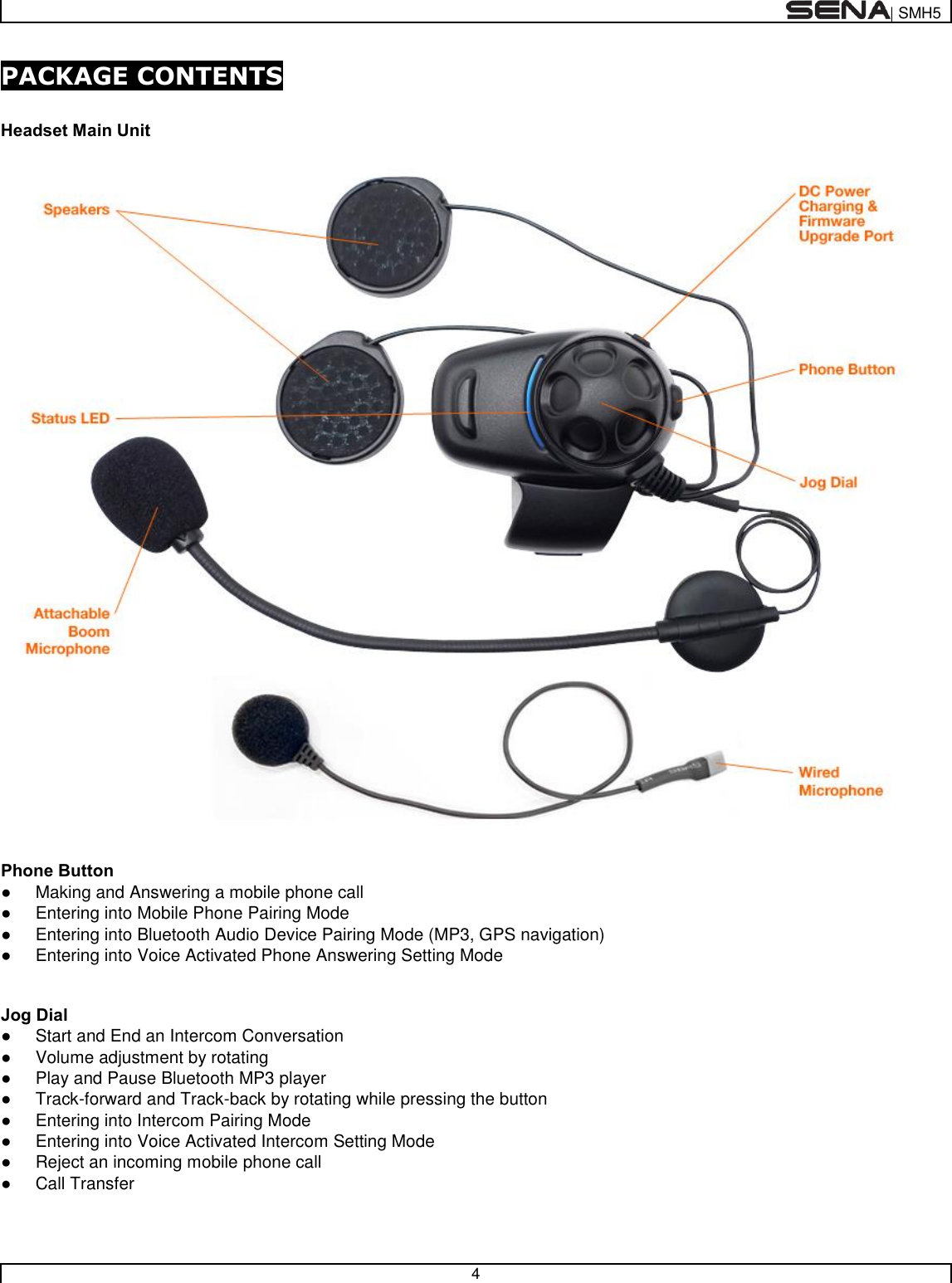  | SMH5   4  PACKAGE CONTENTS  Headset Main Unit    Phone Button ●  Making and Answering a mobile phone call ●  Entering into Mobile Phone Pairing Mode ●  Entering into Bluetooth Audio Device Pairing Mode (MP3, GPS navigation) ●  Entering into Voice Activated Phone Answering Setting Mode   Jog Dial ●  Start and End an Intercom Conversation ●  Volume adjustment by rotating ●  Play and Pause Bluetooth MP3 player ●  Track-forward and Track-back by rotating while pressing the button ●  Entering into Intercom Pairing Mode ●  Entering into Voice Activated Intercom Setting Mode ●  Reject an incoming mobile phone call ●  Call Transfer    