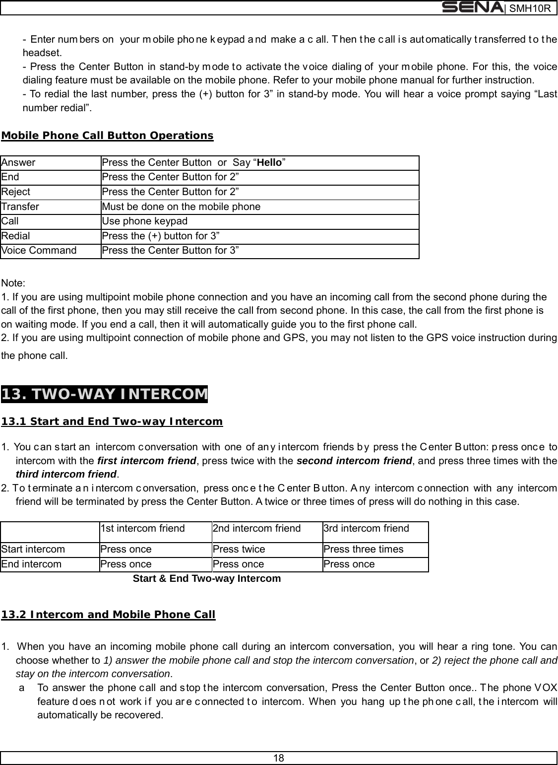  | SMH10R   18  -  Enter num bers on  your m obile pho ne k eypad a nd make a c all. T hen t he c all i s aut omatically t ransferred t o t he headset. - Press the Center Button in stand-by m ode t o activate the voice dialing of  your m obile phone. For this, the voice dialing feature must be available on the mobile phone. Refer to your mobile phone manual for further instruction. - To redial the last number, press the (+) button for 3” in stand-by mode. You will hear a voice prompt saying “Last number redial”.  Mobile Phone Call Button Operations  Answer Press the Center Button  or  Say “Hello” End Press the Center Button for 2” Reject Press the Center Button for 2” Transfer Must be done on the mobile phone Call Use phone keypad Redial Press the (+) button for 3” Voice Command Press the Center Button for 3”  Note: 1. If you are using multipoint mobile phone connection and you have an incoming call from the second phone during the call of the first phone, then you may still receive the call from second phone. In this case, the call from the first phone is on waiting mode. If you end a call, then it will automatically guide you to the first phone call. 2. If you are using multipoint connection of mobile phone and GPS, you may not listen to the GPS voice instruction during the phone call.  13. TWO-WAY INTERCOM  13.1 Start and End Two-way Intercom  1. You c an s tart an  intercom c onversation with one of an y intercom friends b y press t he C enter B utton: p ress onc e to intercom with the first intercom friend, press twice with the second intercom friend, and press three times with the third intercom friend. 2. To t erminate a n i ntercom c onversation, press onc e t he C enter B utton. A ny intercom c onnection with any intercom friend will be terminated by press the Center Button. A twice or three times of press will do nothing in this case.       1st intercom friend 2nd intercom friend 3rd intercom friend Start intercom Press once Press twice Press three times End intercom Press once Press once  Press once  Start &amp; End Two-way Intercom  13.2 Intercom and Mobile Phone Call   1.  When you have an incoming mobile phone call during an intercom conversation, you will hear a ring tone. You can choose whether to 1) answer the mobile phone call and stop the intercom conversation, or 2) reject the phone call and stay on the intercom conversation. a  To answer the phone c all and s top t he intercom conversation, Press the Center Button once.. T he phone VOX feature d oes n ot work i f you ar e c onnected t o intercom. When you hang up t he ph one c all, t he i ntercom will automatically be recovered. 