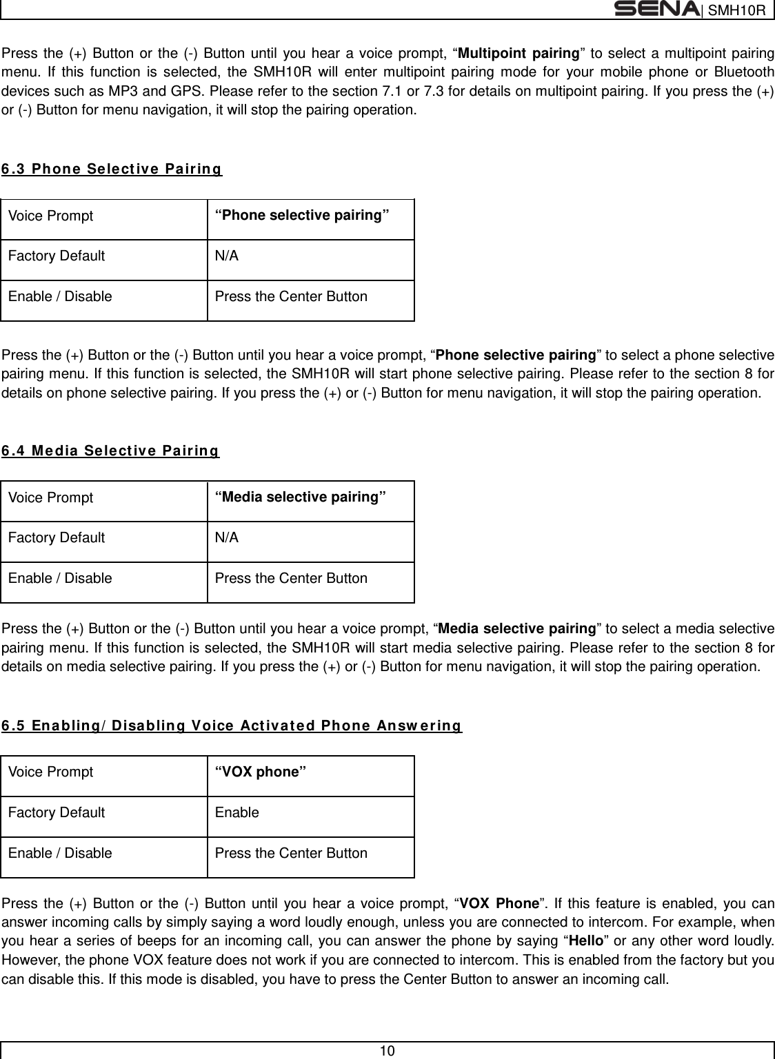  | SMH10R   10  Press the (+) Button or the (-) Button until you hear a voice prompt, “Multipoint pairing” to select a multipoint pairing menu. If this function is selected, the SMH10R will enter multipoint pairing mode for your mobile phone or Bluetooth devices such as MP3 and GPS. Please refer to the section 7.1 or 7.3 for details on multipoint pairing. If you press the (+) or (-) Button for menu navigation, it will stop the pairing operation.   6.3 Phone Selective Pairing  Voice Prompt “Phone selective pairing” Factory Default N/A Enable / Disable Press the Center Button  Press the (+) Button or the (-) Button until you hear a voice prompt, “Phone selective pairing” to select a phone selective pairing menu. If this function is selected, the SMH10R will start phone selective pairing. Please refer to the section 8 for details on phone selective pairing. If you press the (+) or (-) Button for menu navigation, it will stop the pairing operation.   6.4 Media Selective Pairing  Voice Prompt “Media selective pairing” Factory Default N/A Enable / Disable Press the Center Button  Press the (+) Button or the (-) Button until you hear a voice prompt, “Media selective pairing” to select a media selective pairing menu. If this function is selected, the SMH10R will start media selective pairing. Please refer to the section 8 for details on media selective pairing. If you press the (+) or (-) Button for menu navigation, it will stop the pairing operation.   6.5 Enabling/Disabling Voice Activated Phone Answering  Voice Prompt “VOX phone” Factory Default Enable Enable / Disable Press the Center Button  Press the (+) Button or the (-) Button until you hear a voice prompt, “VOX Phone”. If this feature is enabled, you can answer incoming calls by simply saying a word loudly enough, unless you are connected to intercom. For example, when you hear a series of beeps for an incoming call, you can answer the phone by saying “Hello” or any other word loudly. However, the phone VOX feature does not work if you are connected to intercom. This is enabled from the factory but you can disable this. If this mode is disabled, you have to press the Center Button to answer an incoming call.   