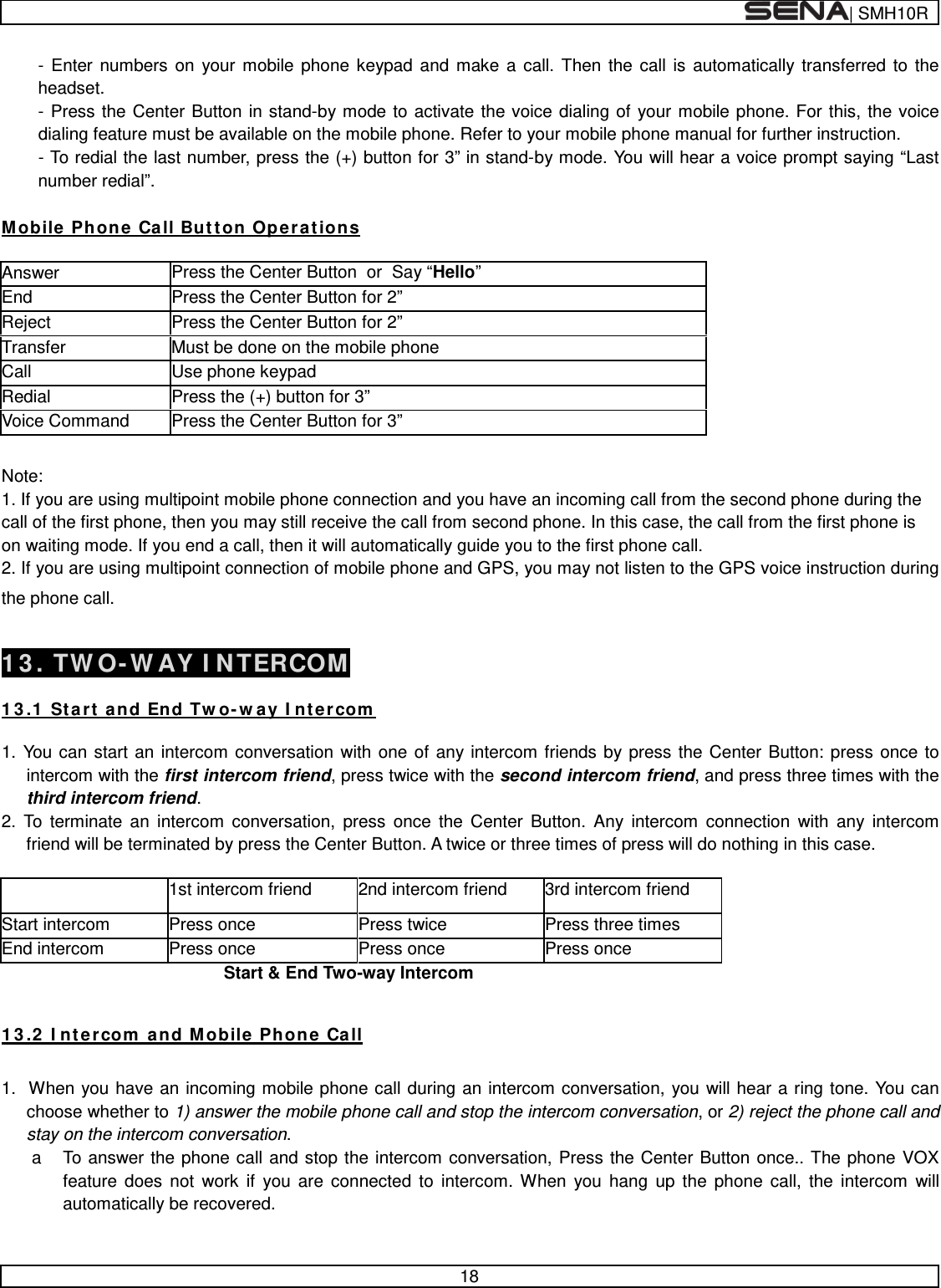  | SMH10R   18  - Enter numbers on your mobile phone keypad and make a call. Then the call is automatically transferred to the headset. - Press the Center Button in stand-by mode to activate the voice dialing of your mobile phone. For this, the voice dialing feature must be available on the mobile phone. Refer to your mobile phone manual for further instruction. - To redial the last number, press the (+) button for 3” in stand-by mode. You will hear a voice prompt saying “Last number redial”.  Mobile Phone Call Button Operations  Answer Press the Center Button  or  Say “Hello” End Press the Center Button for 2” Reject Press the Center Button for 2” Transfer Must be done on the mobile phone Call Use phone keypad Redial Press the (+) button for 3” Voice Command Press the Center Button for 3”  Note: 1. If you are using multipoint mobile phone connection and you have an incoming call from the second phone during the call of the first phone, then you may still receive the call from second phone. In this case, the call from the first phone is on waiting mode. If you end a call, then it will automatically guide you to the first phone call. 2. If you are using multipoint connection of mobile phone and GPS, you may not listen to the GPS voice instruction during the phone call.  13. TWO-WAY INTERCOM  13.1 Start and End Two-way Intercom  1. You can start an intercom conversation with one of any intercom friends by press the Center Button: press once to intercom with the first intercom friend, press twice with the second intercom friend, and press three times with the third intercom friend. 2. To terminate an intercom conversation, press once the Center Button. Any intercom connection with any intercom friend will be terminated by press the Center Button. A twice or three times of press will do nothing in this case.       1st intercom friend 2nd intercom friend 3rd intercom friend Start intercom Press once Press twice Press three times End intercom Press once Press once  Press once  Start &amp; End Two-way Intercom  13.2 Intercom and Mobile Phone Call  1.  When you have an incoming mobile phone call during an intercom conversation, you will hear a ring tone. You can choose whether to 1) answer the mobile phone call and stop the intercom conversation, or 2) reject the phone call and stay on the intercom conversation. a  To answer the phone call and stop the intercom conversation, Press the Center Button once.. The phone VOX feature does not work if you are connected to intercom. When you hang up the phone call, the intercom will automatically be recovered. 