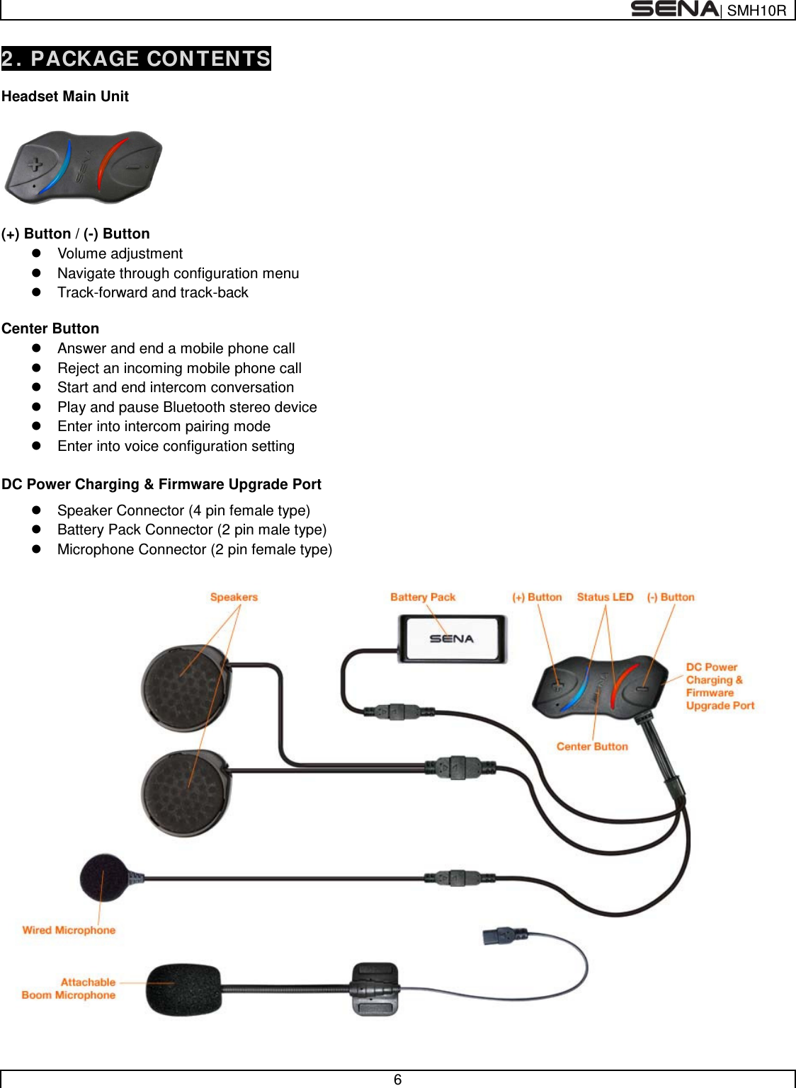  | SMH10R   6  2. PACKAGE CONTENTS  Headset Main Unit    (+) Button / (-) Button  Volume adjustment  Navigate through configuration menu  Track-forward and track-back   Center Button  Answer and end a mobile phone call  Reject an incoming mobile phone call  Start and end intercom conversation  Play and pause Bluetooth stereo device  Enter into intercom pairing mode  Enter into voice configuration setting  DC Power Charging &amp; Firmware Upgrade Port  Speaker Connector (4 pin female type)  Battery Pack Connector (2 pin male type)  Microphone Connector (2 pin female type)   