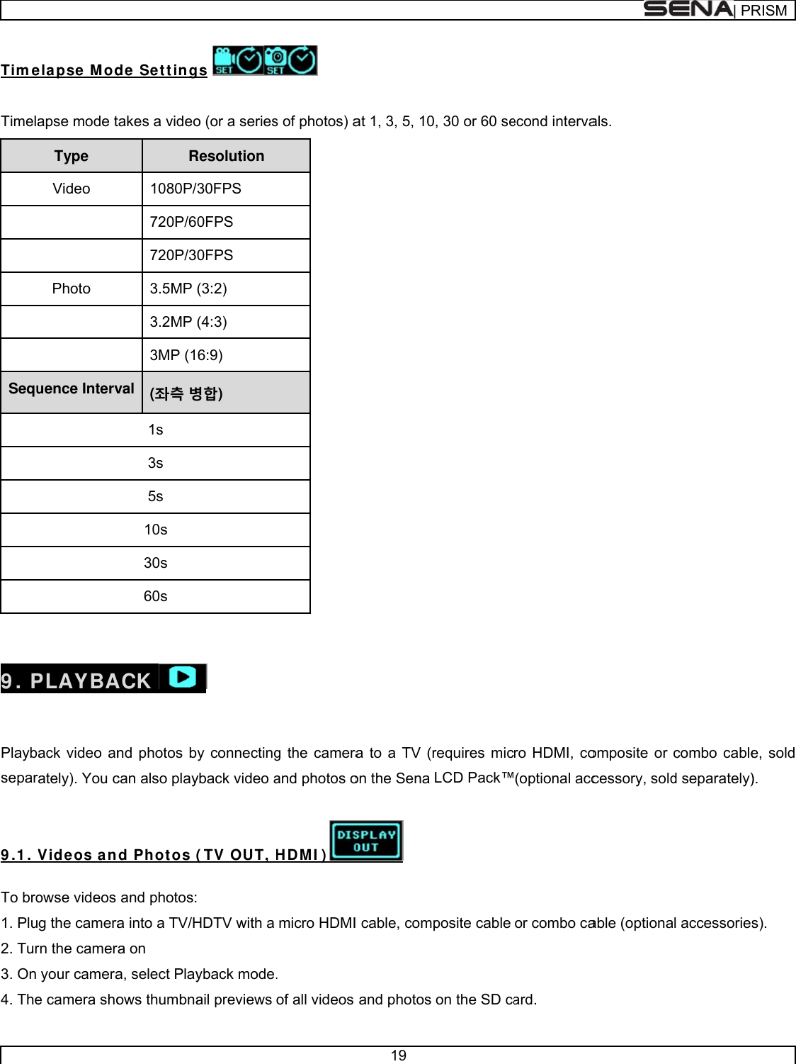      Time TimelaSequ  9 . P  Playbsepar 9 .1 . V To bro1. Plu2. Tur3. On 4. Theelapse  Modapse mode tType Video   Photo   uence IntervPLAYBAack video anately). You cVideos a nowse videos g the camerarn the cameryour camerae camera shode Set t ingtakes a videoR1080P/720P/6720P/33.5MP 3.2MP 3MP (1val (좌측 병1s 3s 5s 10s 30s 60s ACK nd photos bcan also playd Photos and photos:a into a TV/Hra on a, select Playows thumbnags o (or a seriesResolution 30FPS 0FPS 0FPS (3:2) (4:3) 6:9) 병합)  y connectingyback video a( TV OUT,  HDTV with a yback mode.ail previews  s of photos) ag the cameraand photos oHDM I )micro HDMI. of all videos 19 at 1, 3, 5, 10ra to a TV (ron the Sena  I cable, compand photos , 30 or 60 serequires micLCD Pack™posite cable on the SD caecond intervaro HDMI, co(optional accor combo caard.  als.  omposite or cessory, soldable (optiona| PRcombo cabled separately)al accessoriesRISMe, sold ).  s). 