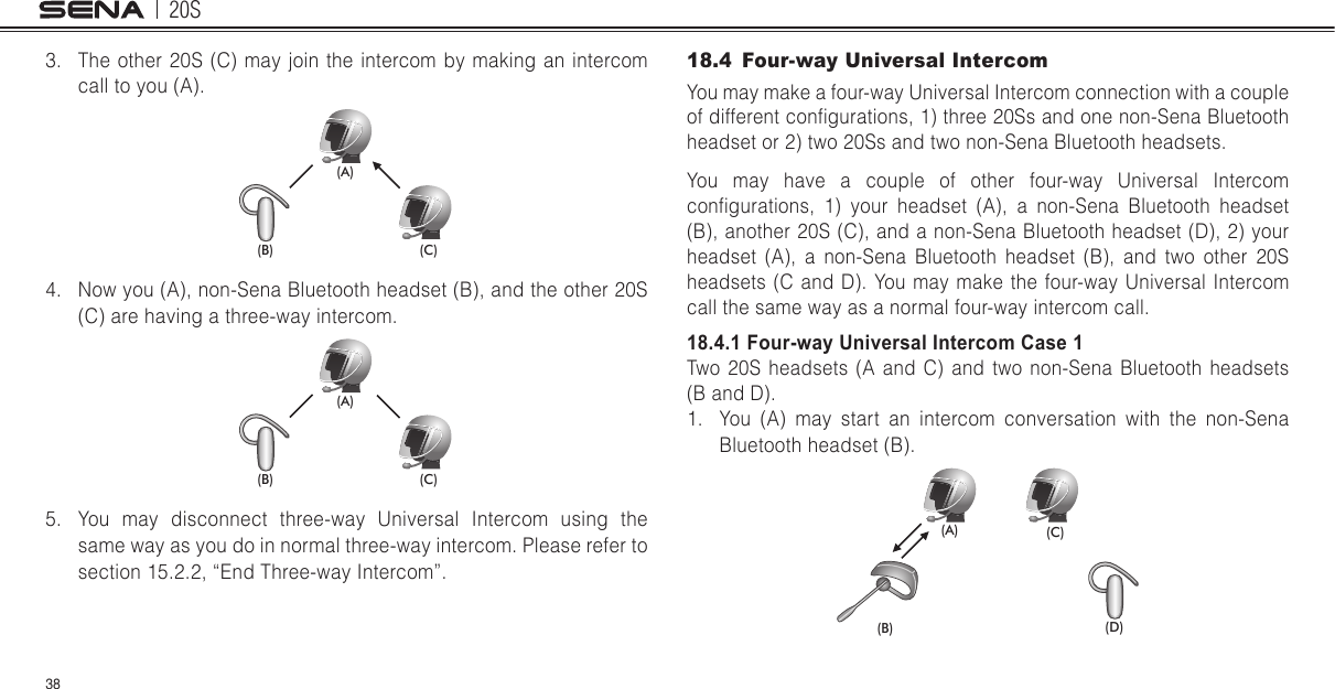 20S383.  The other 20S (C) may join the intercom by making an intercom call to you (A).(A)(B) (C)4.  Now you (A), non-Sena Bluetooth headset (B), and the other 20S (C) are having a three-way intercom.(A)(B) (C)5.  You may disconnect three-way Universal Intercom using the same way as you do in normal three-way intercom. Please refer to  section 15.2.2, “End Three-way Intercom”. 18.4  Four-way Universal IntercomYou may make a four-way Universal Intercom connection with a couple of different congurations, 1) three 20Ss and one non-Sena Bluetooth headset or 2) two 20Ss and two non-Sena Bluetooth headsets. You may have a couple of other four-way Universal Intercom congurations,  1)  your  headset  (A),  a  non-Sena  Bluetooth  headset (B), another 20S (C), and a non-Sena Bluetooth headset (D), 2) your headset (A), a non-Sena Bluetooth headset (B), and two other 20S headsets (C and D). You may make the four-way Universal Intercom call the same way as a normal four-way intercom call.18.4.1 Four-way Universal Intercom Case 1Two 20S headsets (A and C) and two non-Sena Bluetooth headsets (B and D).1.  You (A) may start an intercom conversation with the non-Sena Bluetooth headset (B).(B) (D)(A) (C)