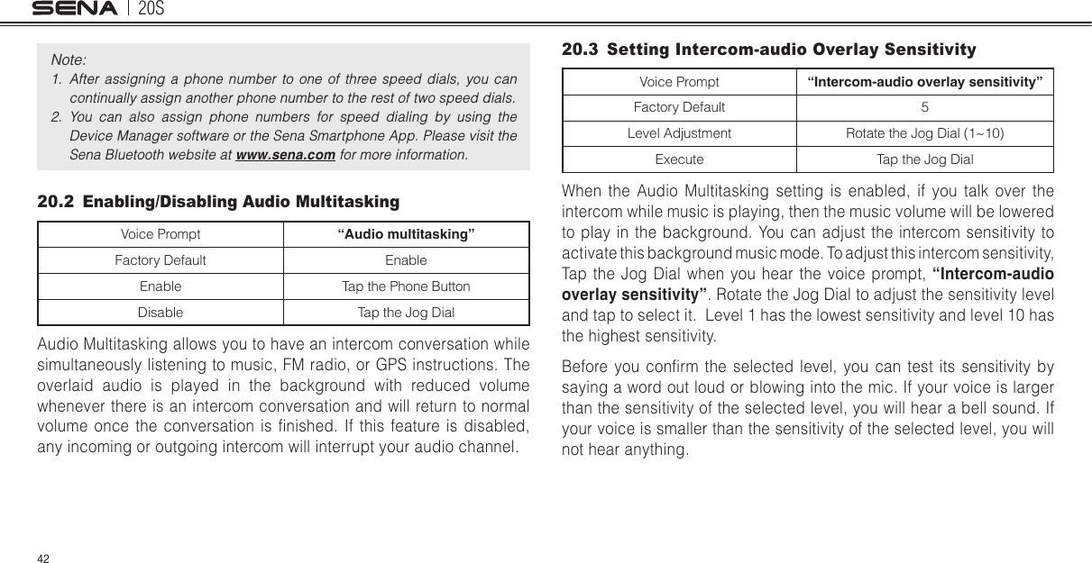 20S42Note: 1.  After  assigning  a phone  number  to one  of  three  speed  dials,  you  can continually assign another phone number to the rest of two speed dials. 2.  You  can  also  assign  phone  numbers  for  speed  dialing  by  using  the Device Manager software or the Sena Smartphone App. Please visit the Sena Bluetooth website at www.sena.com for more information. 20.2  Enabling/Disabling Audio MultitaskingVoice Prompt “Audio multitasking”Factory Default EnableEnable Tap the Phone ButtonDisable Tap the Jog DialAudio Multitasking allows you to have an intercom conversation while simultaneously listening to music, FM radio, or GPS instructions. The overlaid audio is played in the background with reduced volume whenever there is an intercom conversation and will return to normal volume  once the  conversation  is  nished.  If this  feature is  disabled, any incoming or outgoing intercom will interrupt your audio channel.20.3  Setting Intercom-audio Overlay SensitivityVoice Prompt “Intercom-audio overlay sensitivity”Factory Default 5Level Adjustment Rotate the Jog Dial (1~10)Execute Tap the Jog DialWhen the Audio Multitasking setting is enabled, if you talk over the intercom while music is playing, then the music volume will be lowered to play in the background. You can adjust the intercom sensitivity to activate this background music mode. To adjust this intercom sensitivity, Tap the Jog Dial when you hear the voice prompt, “Intercom-audio overlay sensitivity”. Rotate the Jog Dial to adjust the sensitivity level and tap to select it.  Level 1 has the lowest sensitivity and level 10 has the highest sensitivity.Before you  conrm  the selected  level,  you can  test  its  sensitivity  by saying a word out loud or blowing into the mic. If your voice is larger than the sensitivity of the selected level, you will hear a bell sound. If your voice is smaller than the sensitivity of the selected level, you will not hear anything.