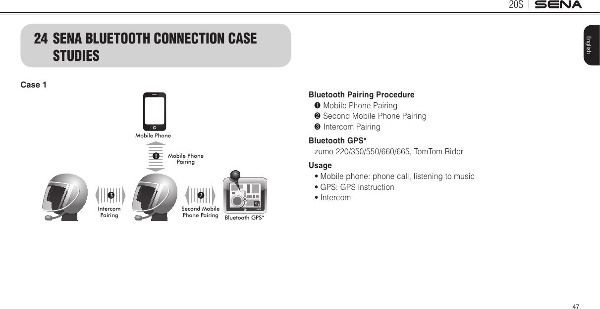 20S47EnglishBluetooth Pairing Procedure1 Mobile Phone Pairing 2 Second Mobile Phone Pairing3 Intercom PairingBluetooth GPS*zumo 220/350/550/660/665, TomTom RiderUsage• Mobile phone: phone call, listening to music• GPS: GPS instruction• Intercom24  SENA BLUETOOTH CONNECTION CASE STUDIESCase 1Mobile PhoneBluetooth GPS*Mobile Phone PairingSecond Mobile Phone PairingIntercom Pairing