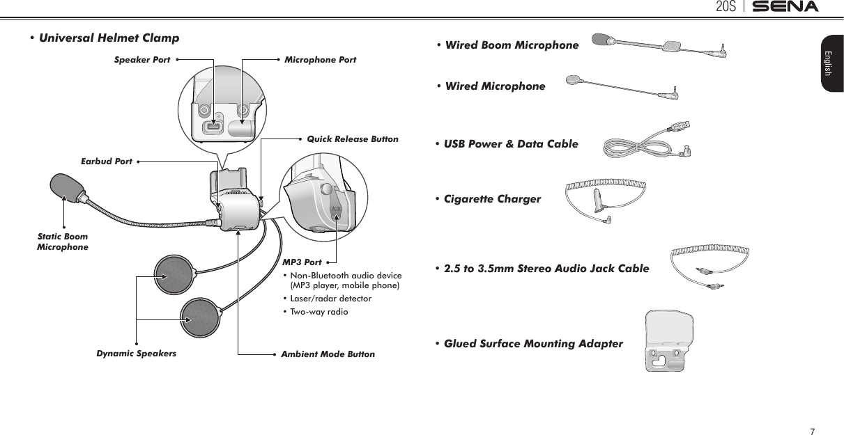20S7English• Wired Boom Microphone• Wired Microphone• USB Power &amp; Data Cable• Glued Surface Mounting Adapter• Cigarette Charger• 2.5 to 3.5mm Stereo Audio Jack Cable• Universal Helmet ClampQuick Release ButtonAmbient Mode ButtonStatic Boom MicrophoneDynamic SpeakersEarbud PortSpeaker Port Microphone PortMP3 Port•  Non-Bluetooth audio device (MP3 player, mobile phone) • Laser/radar detector • Two-way radio