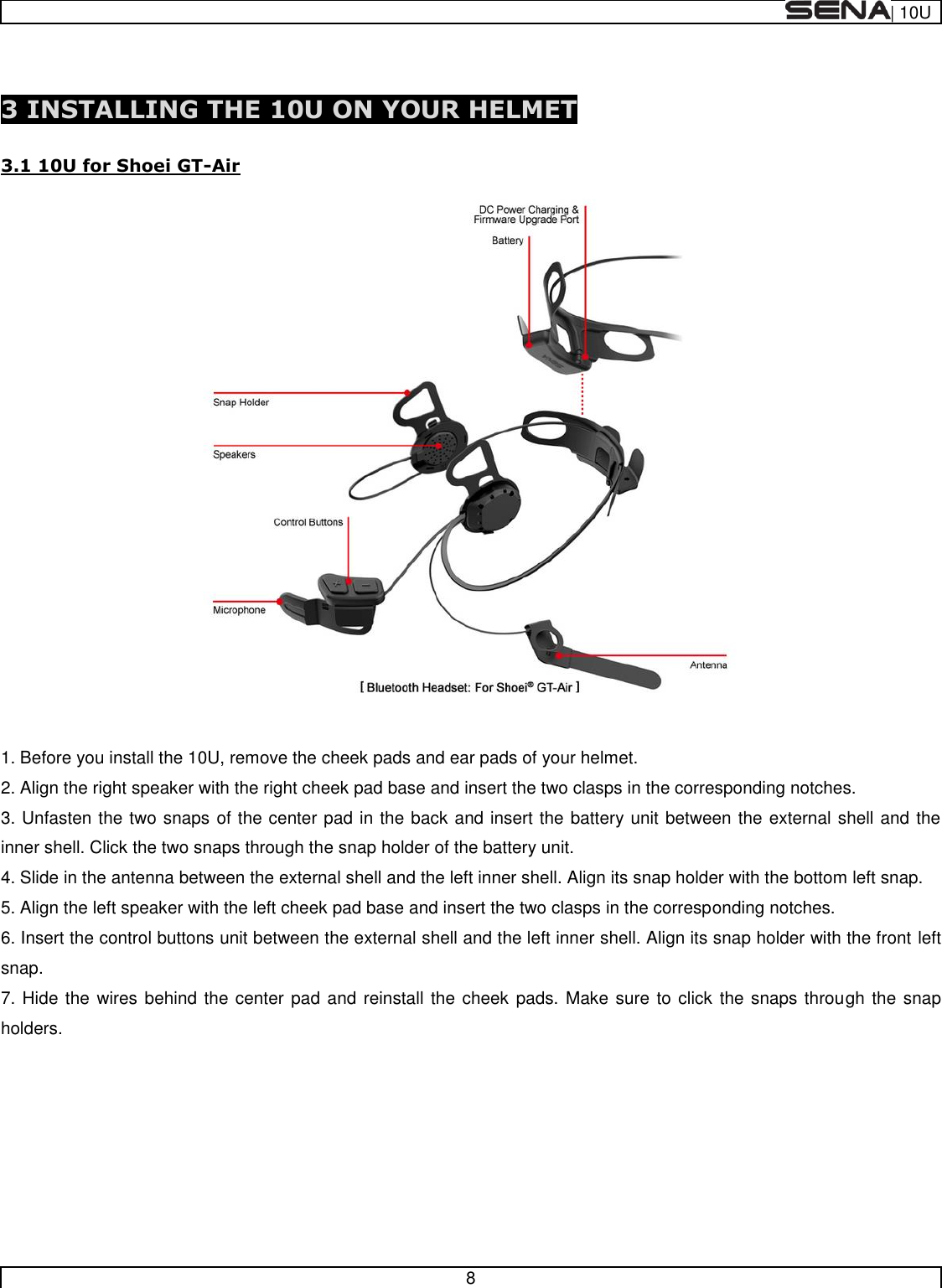  | 10U   8    3 INSTALLING THE 10U ON YOUR HELMET  3.1 10U for Shoei GT-Air   1. Before you install the 10U, remove the cheek pads and ear pads of your helmet. 2. Align the right speaker with the right cheek pad base and insert the two clasps in the corresponding notches. 3. Unfasten the two snaps of the center pad in the back and insert the battery unit between the external shell and the inner shell. Click the two snaps through the snap holder of the battery unit. 4. Slide in the antenna between the external shell and the left inner shell. Align its snap holder with the bottom left snap. 5. Align the left speaker with the left cheek pad base and insert the two clasps in the corresponding notches. 6. Insert the control buttons unit between the external shell and the left inner shell. Align its snap holder with the front left snap. 7. Hide the wires behind the center pad and reinstall the cheek pads.  Make sure to click  the snaps through the snap holders.        