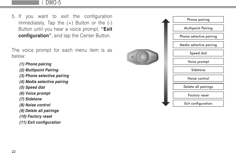 DWO-5225.  If you want to exit the congurationimmediately, Tap the (+) Button or the (-) Button until you hear a voice prompt, “Exit conguration”, and tap the Center Button.The voice prompt for each menu item is as below:(1) Phone pairing(2) Multipoint Pairing(3) Phone selective pairing(4) Media selective pairing(5) Speed dial(6) Voice prompt(7) Sidetone(8) Noise control(9) Delete all pairings(10) Factory reset(11) Exit congurationPhone pairingMultipoint PairingPhone selective pairingMedia selective pairingSpeed dialVoice promptSidetoneNoise controlDelete all pairingsFactory resetExit configuration